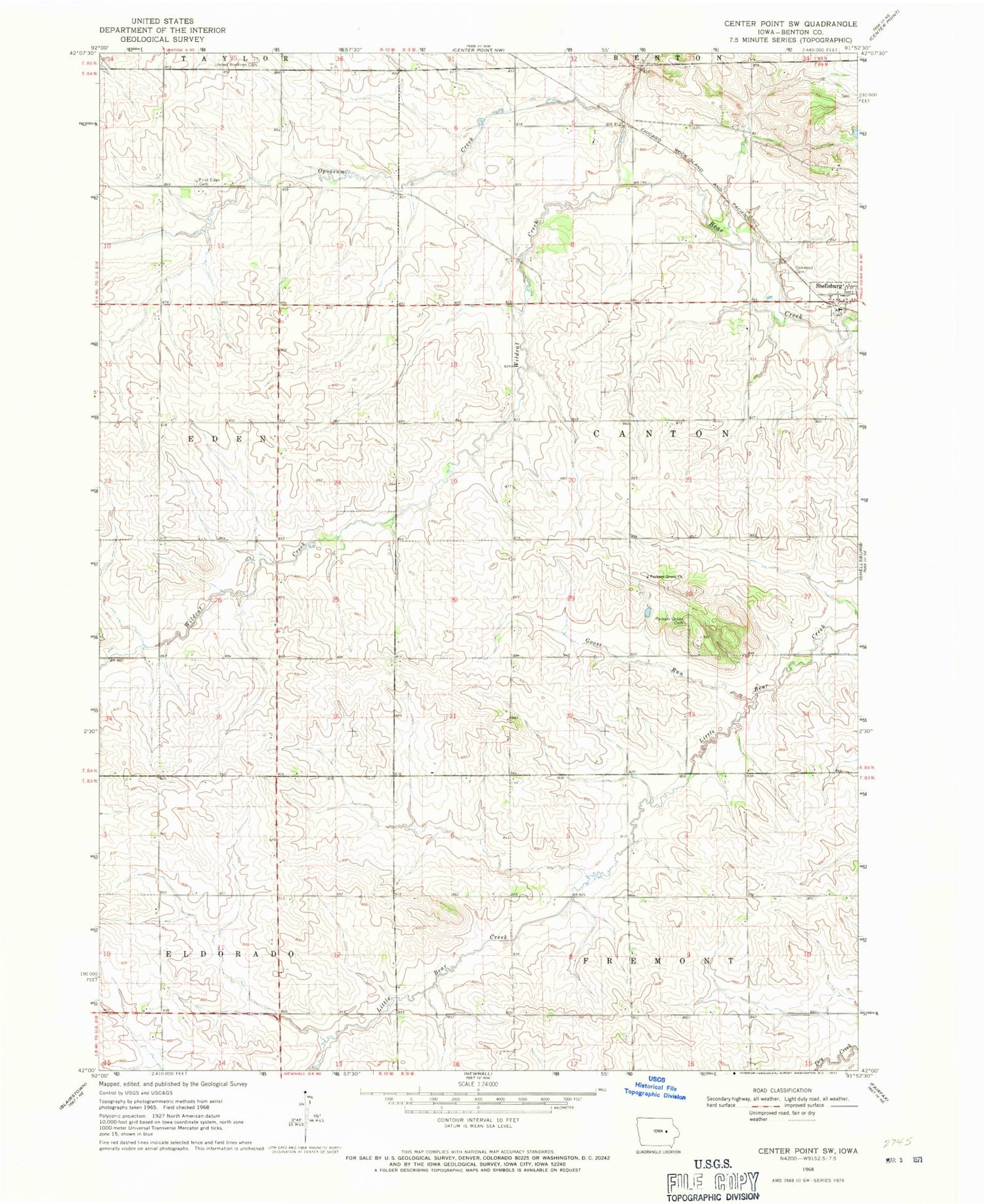 Classic USGS Center Point SW Iowa 7.5'x7.5' Topo Map Image