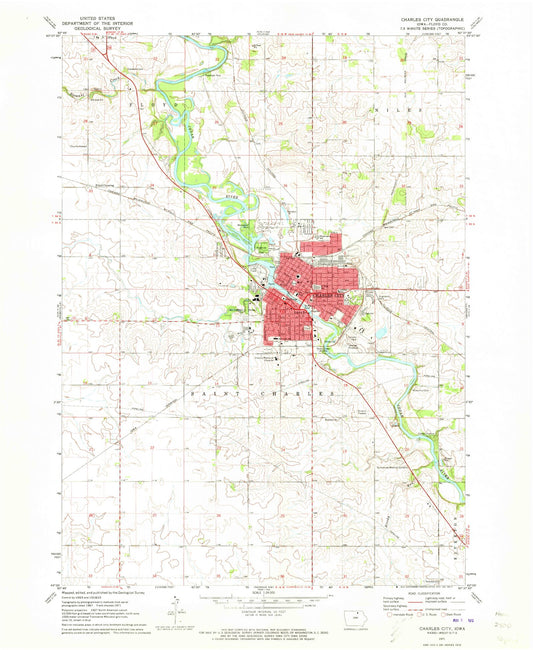 Classic USGS Charles City Iowa 7.5'x7.5' Topo Map Image