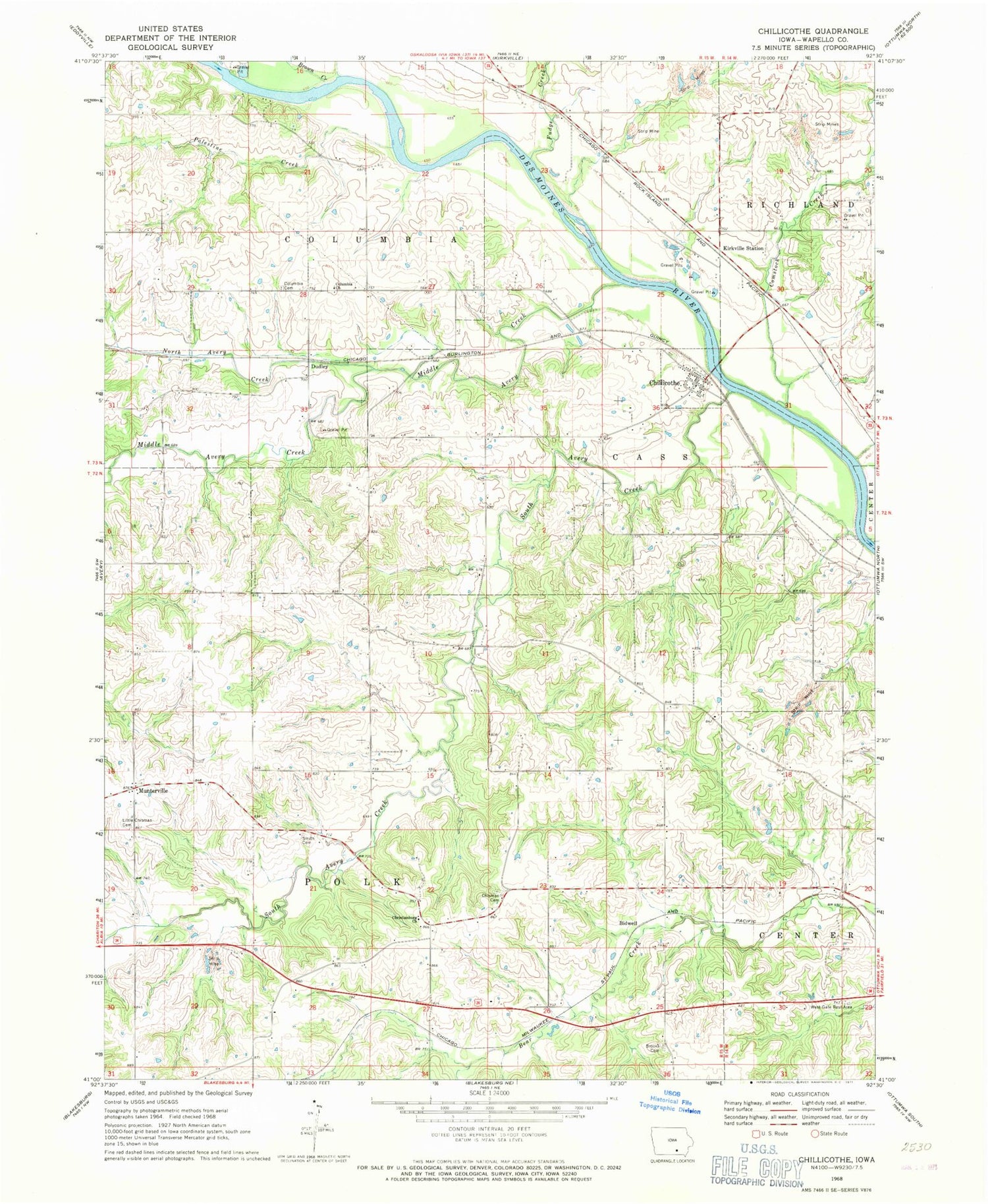 Classic USGS Chillicothe Iowa 7.5'x7.5' Topo Map Image