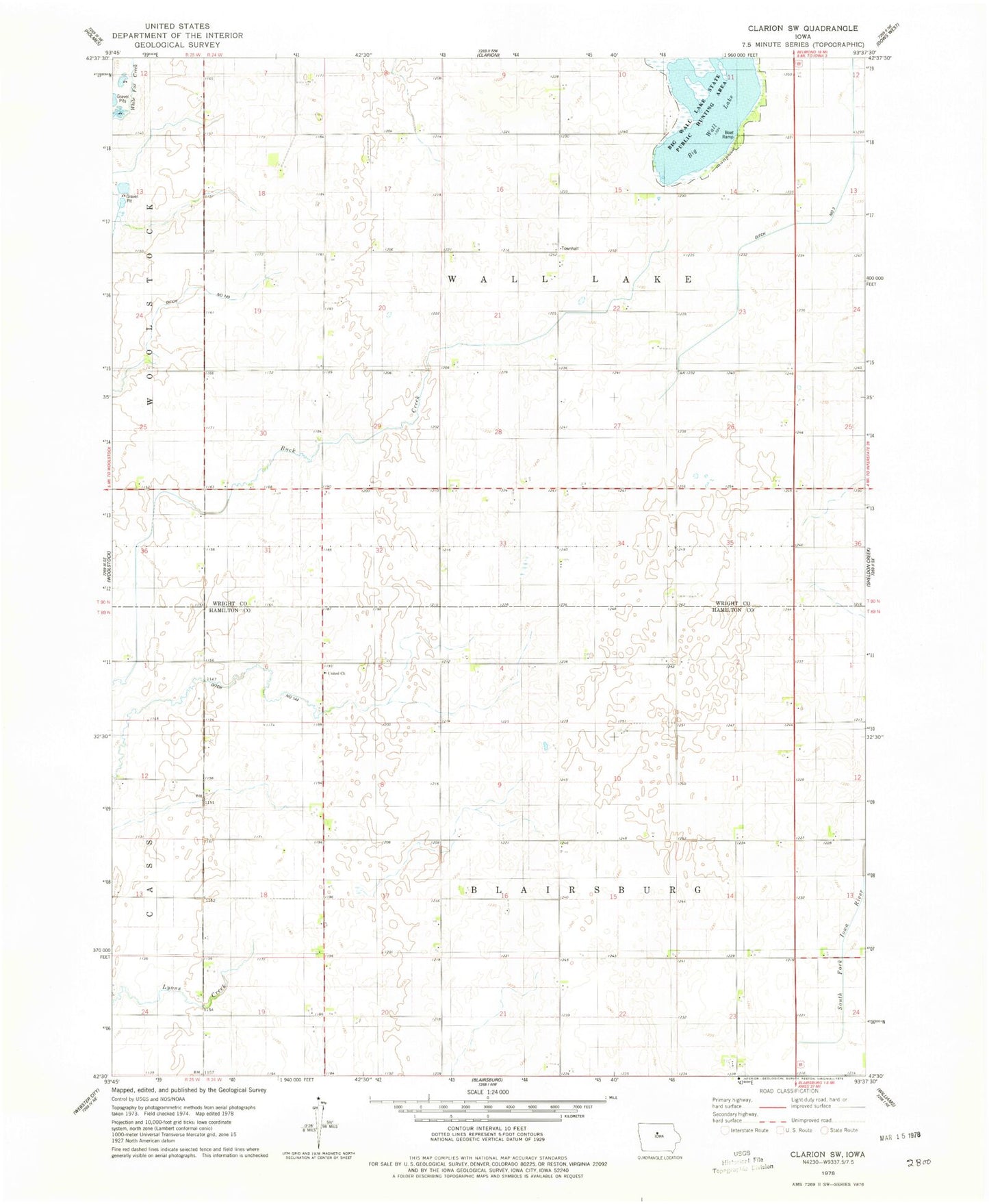 Classic USGS Clarion SW Iowa 7.5'x7.5' Topo Map Image
