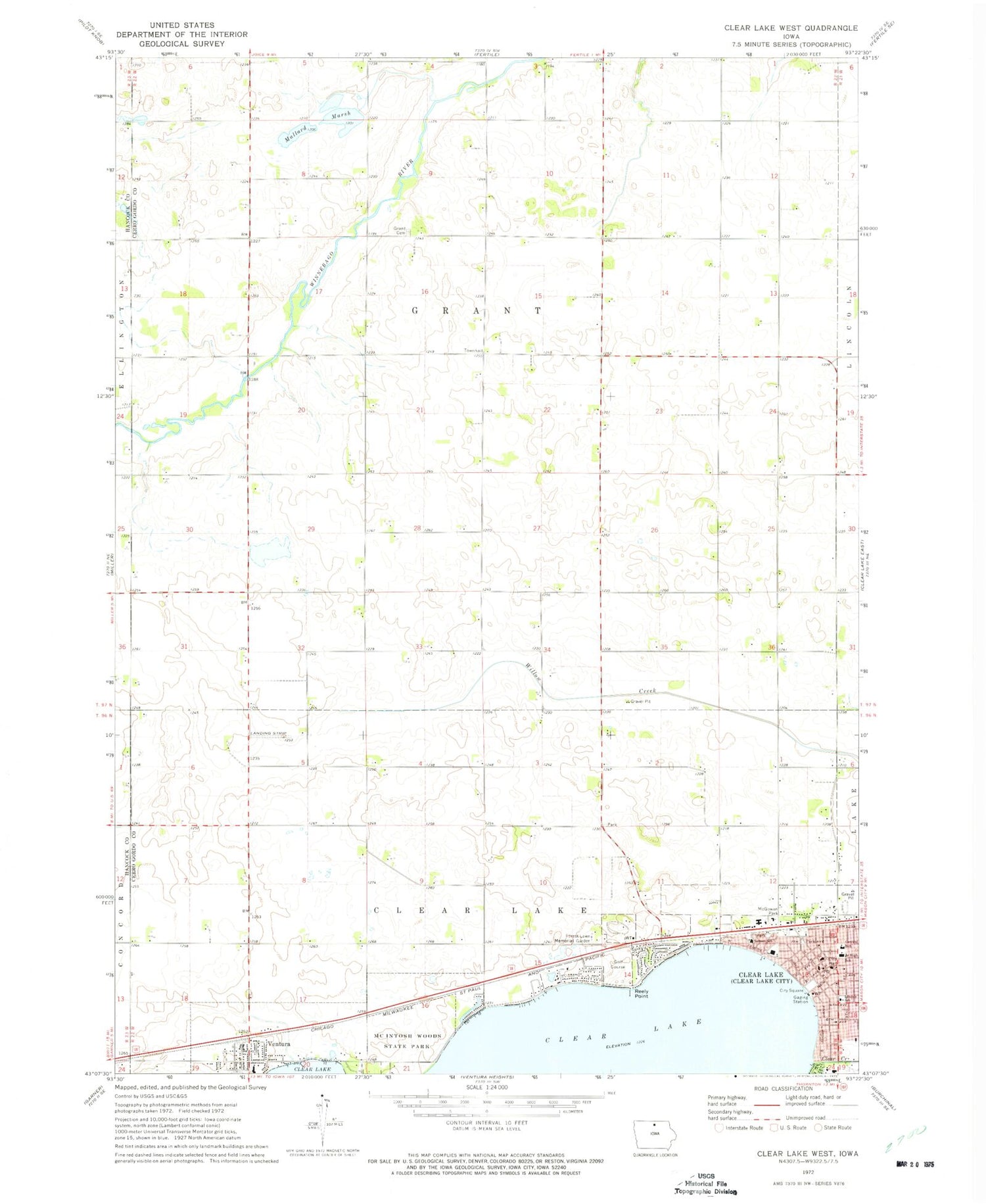 Classic USGS Clear Lake West Iowa 7.5'x7.5' Topo Map Image