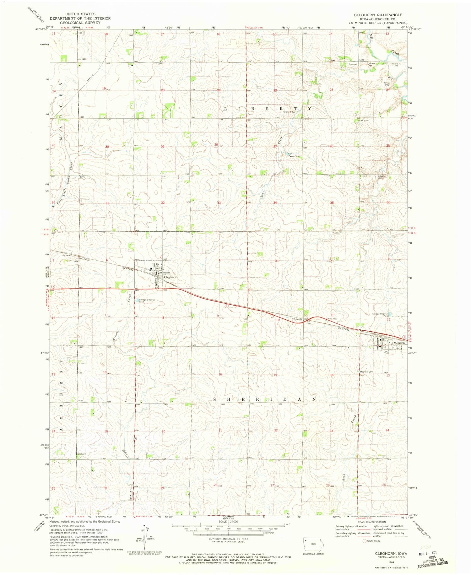 Classic USGS Cleghorn Iowa 7.5'x7.5' Topo Map Image