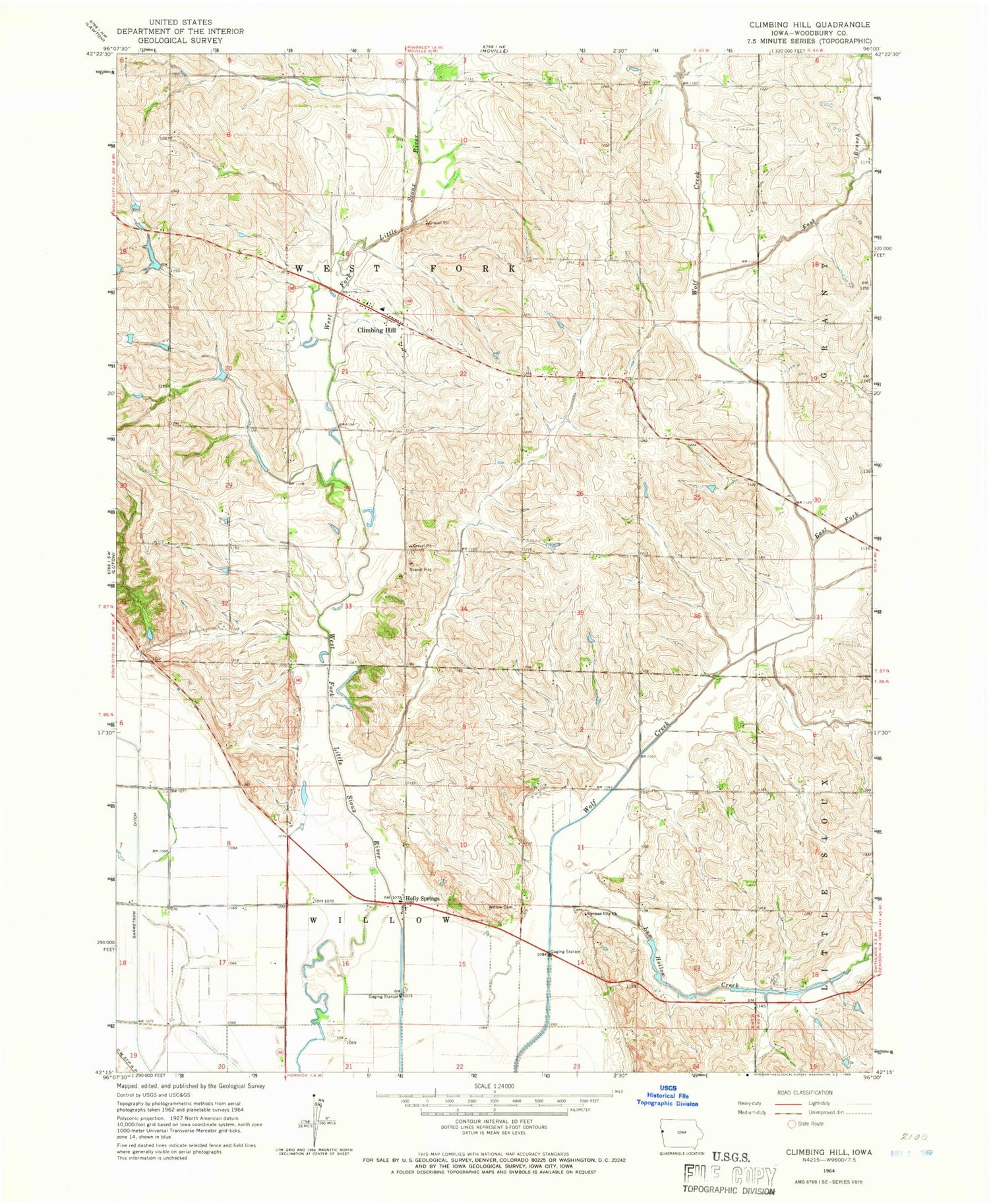 Classic USGS Climbing Hill Iowa 7.5'x7.5' Topo Map Image