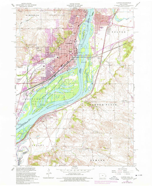 Classic USGS Clinton Iowa 7.5'x7.5' Topo Map Image