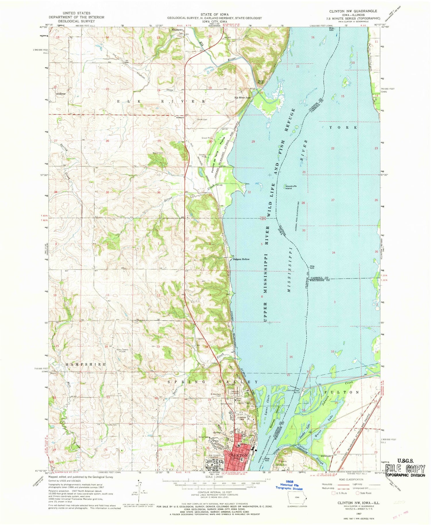 Classic USGS Clinton NW Iowa 7.5'x7.5' Topo Map Image