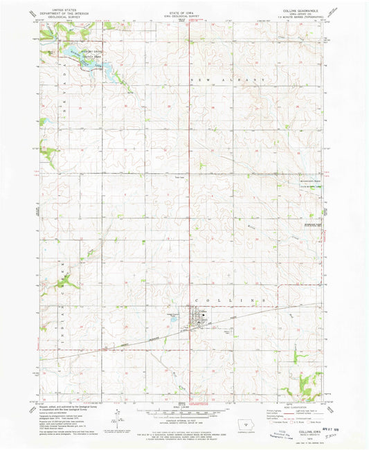 Classic USGS Collins Iowa 7.5'x7.5' Topo Map Image