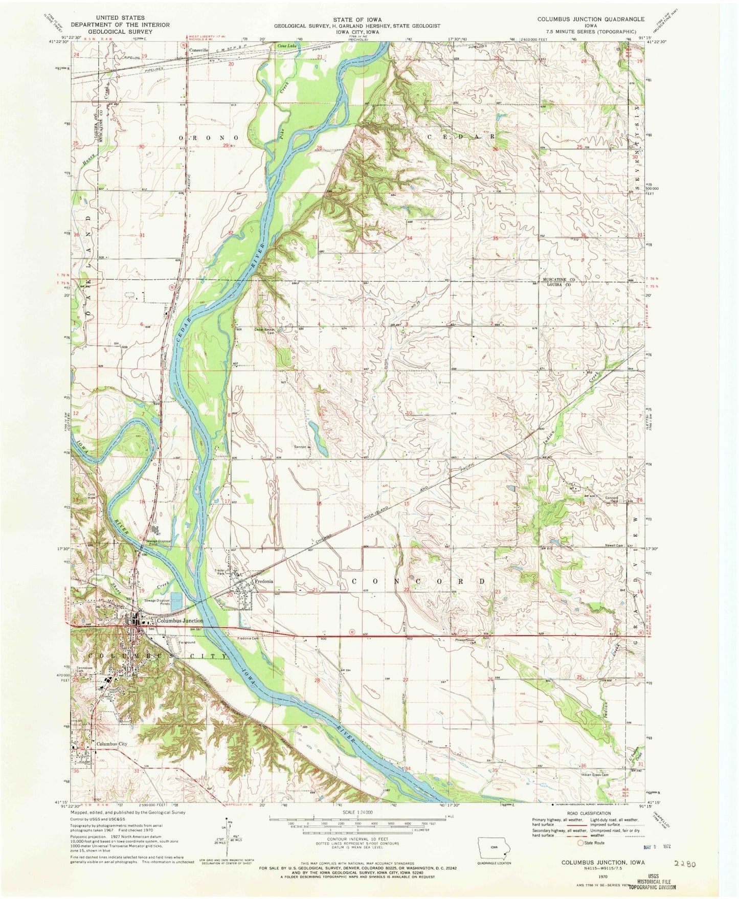 Classic USGS Columbus Junction Iowa 7.5'x7.5' Topo Map Image