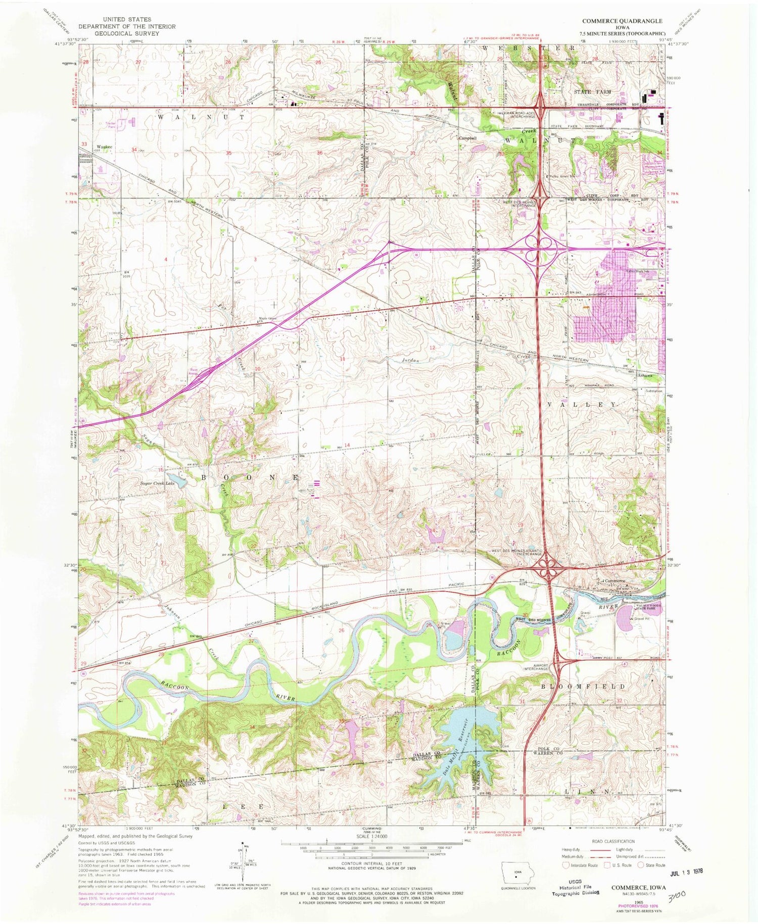 Classic USGS Commerce Iowa 7.5'x7.5' Topo Map Image
