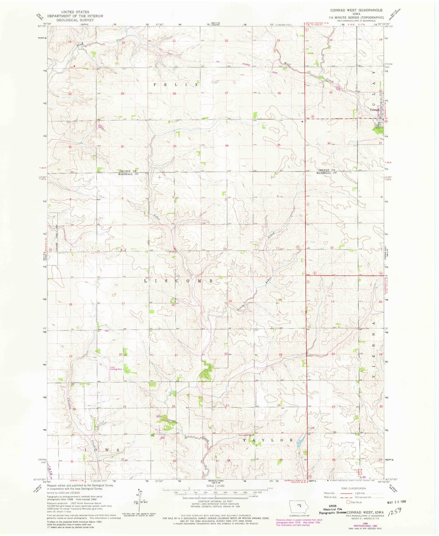 Classic USGS Conrad West Iowa 7.5'x7.5' Topo Map Image
