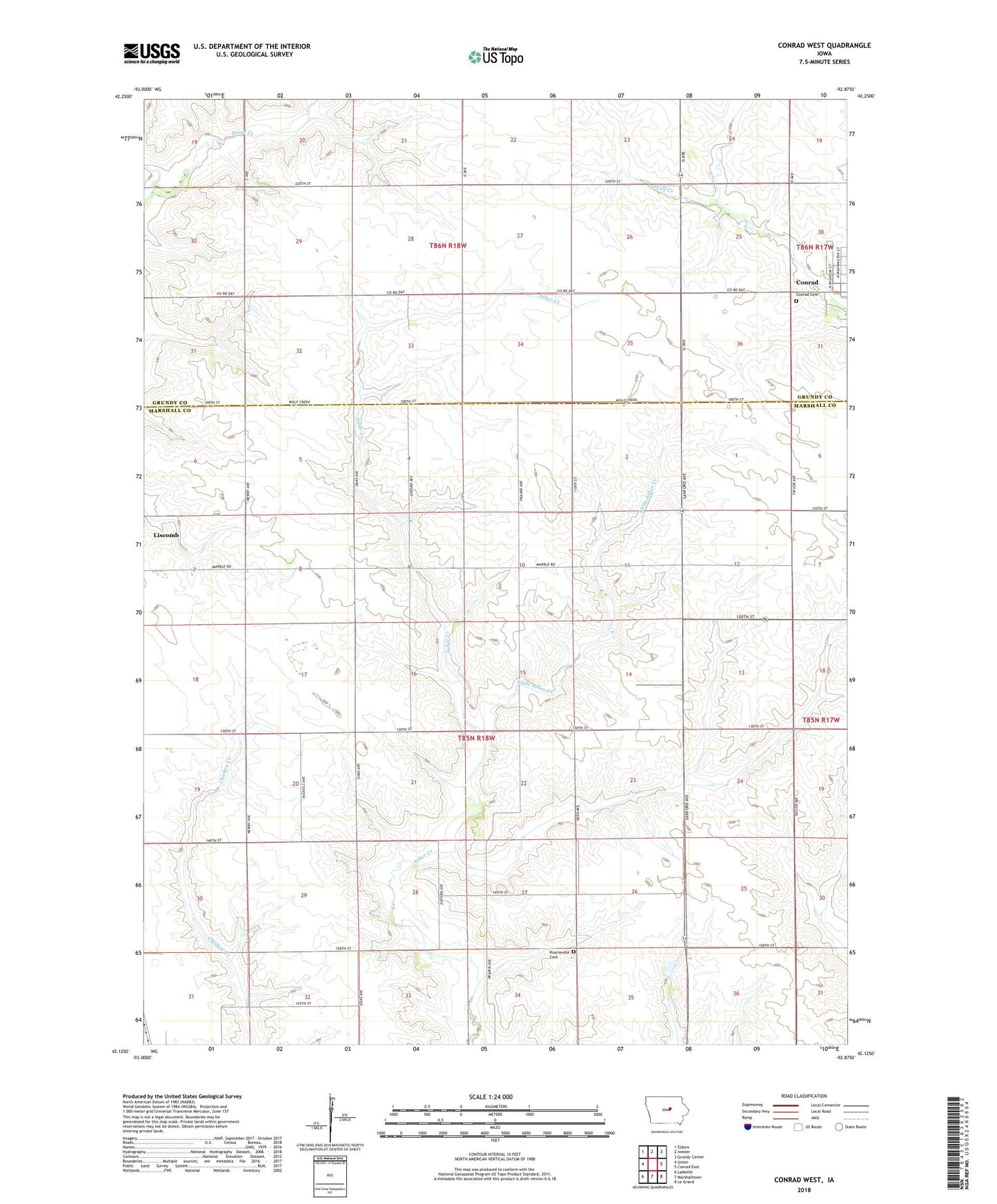 Conrad West Iowa US Topo Map Image