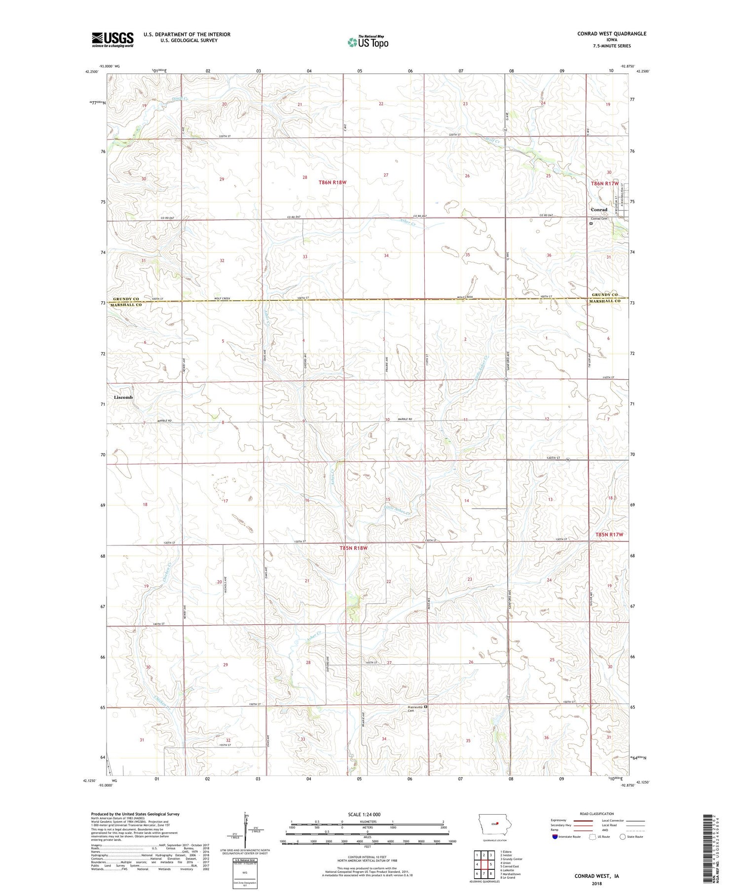 Conrad West Iowa US Topo Map Image