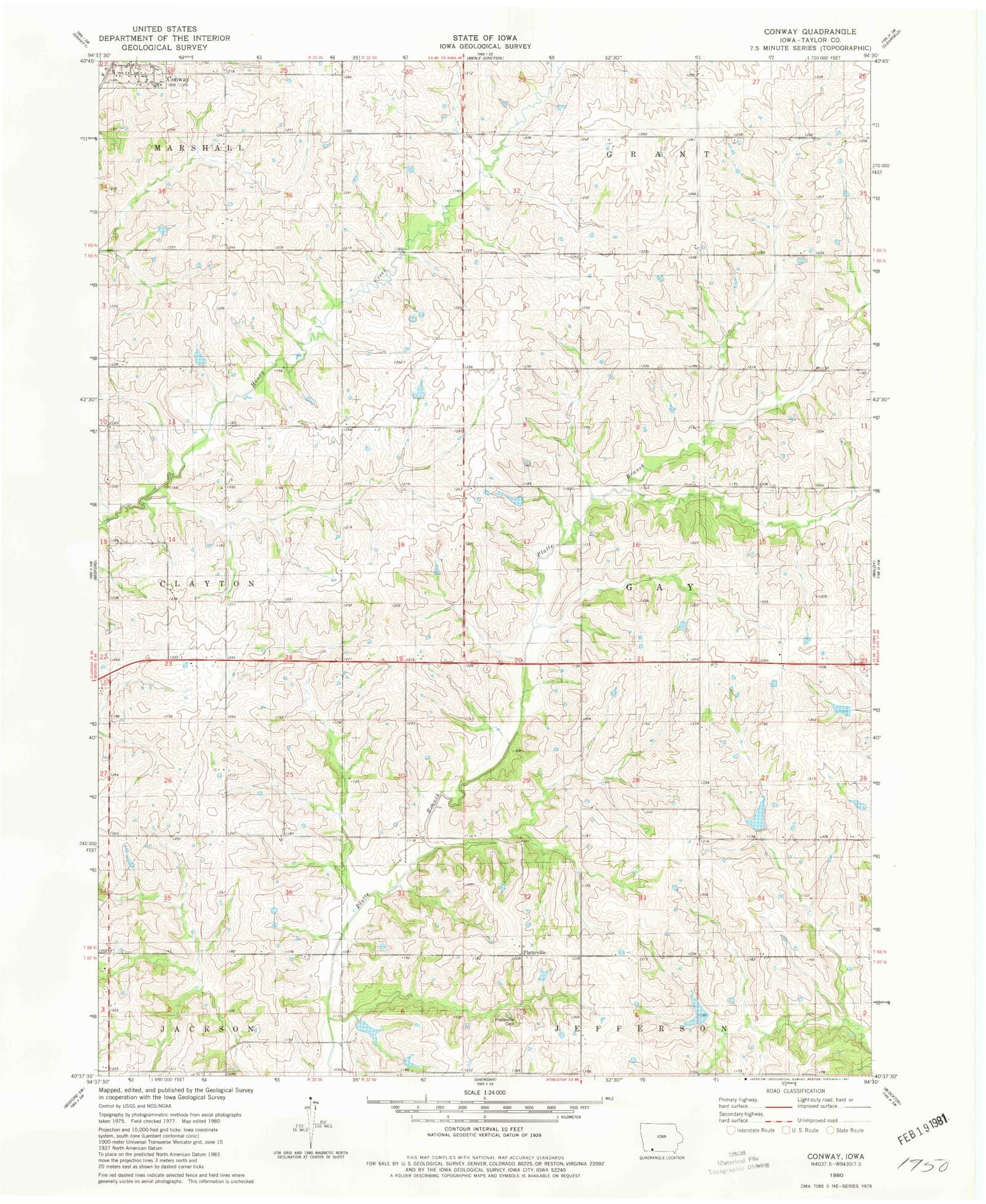 Classic USGS Conway Iowa 7.5'x7.5' Topo Map – MyTopo Map Store