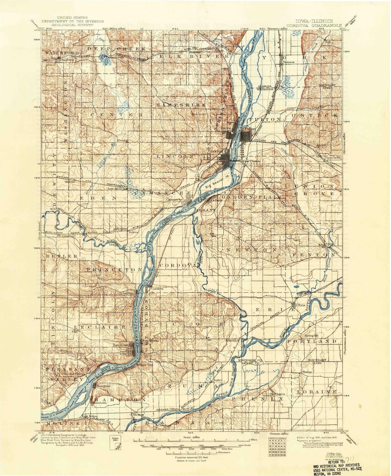Historic 1899 Cordova Illinois 30'x30' Topo Map Image