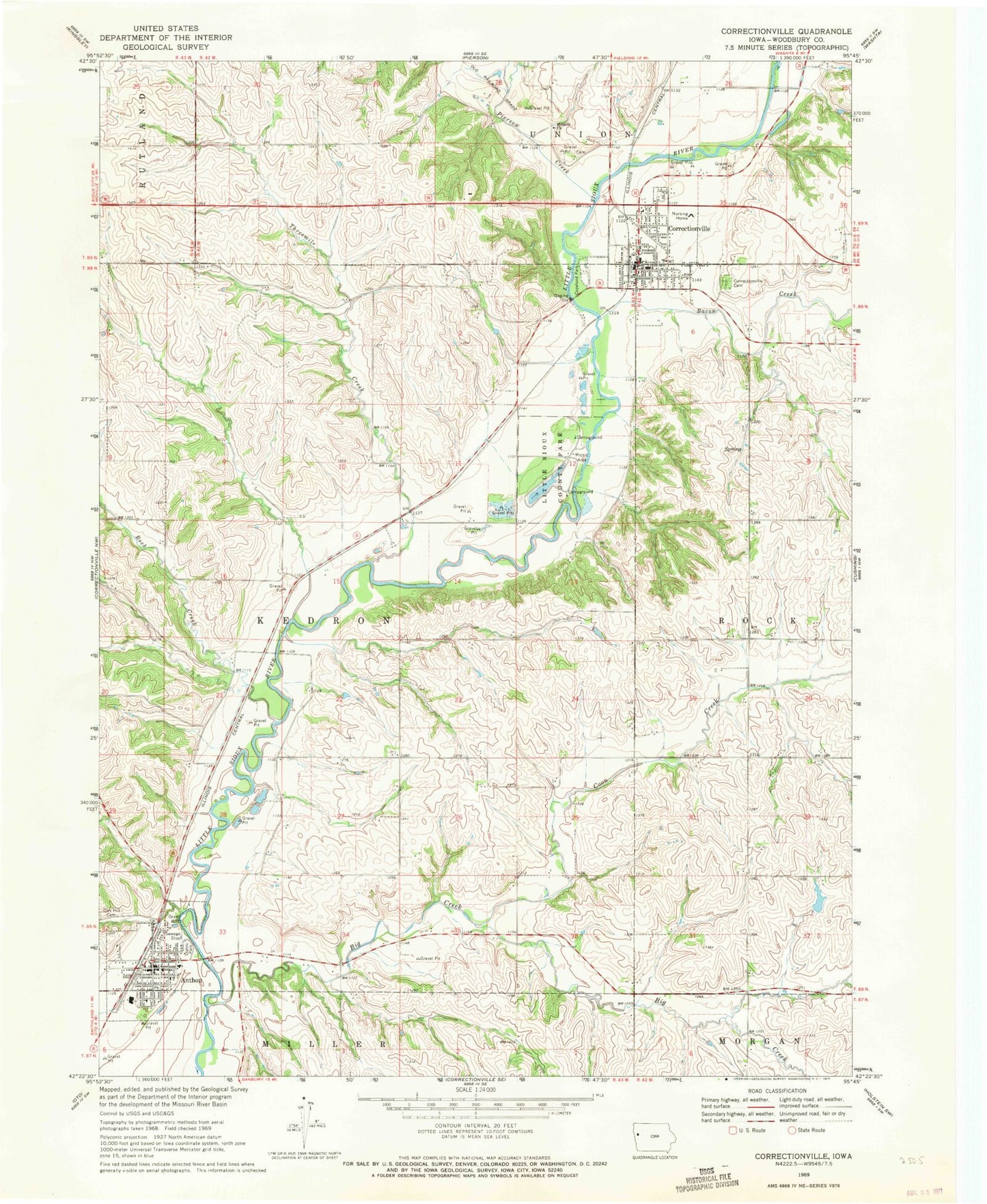 Classic USGS Correctionville Iowa 7.5'x7.5' Topo Map Image