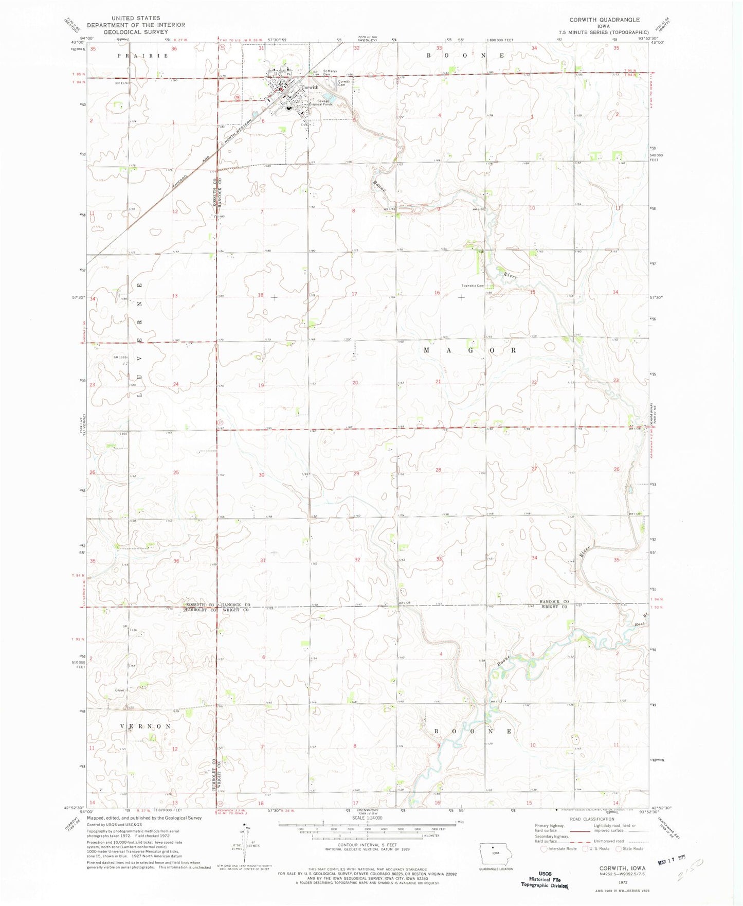 Classic USGS Corwith Iowa 7.5'x7.5' Topo Map Image