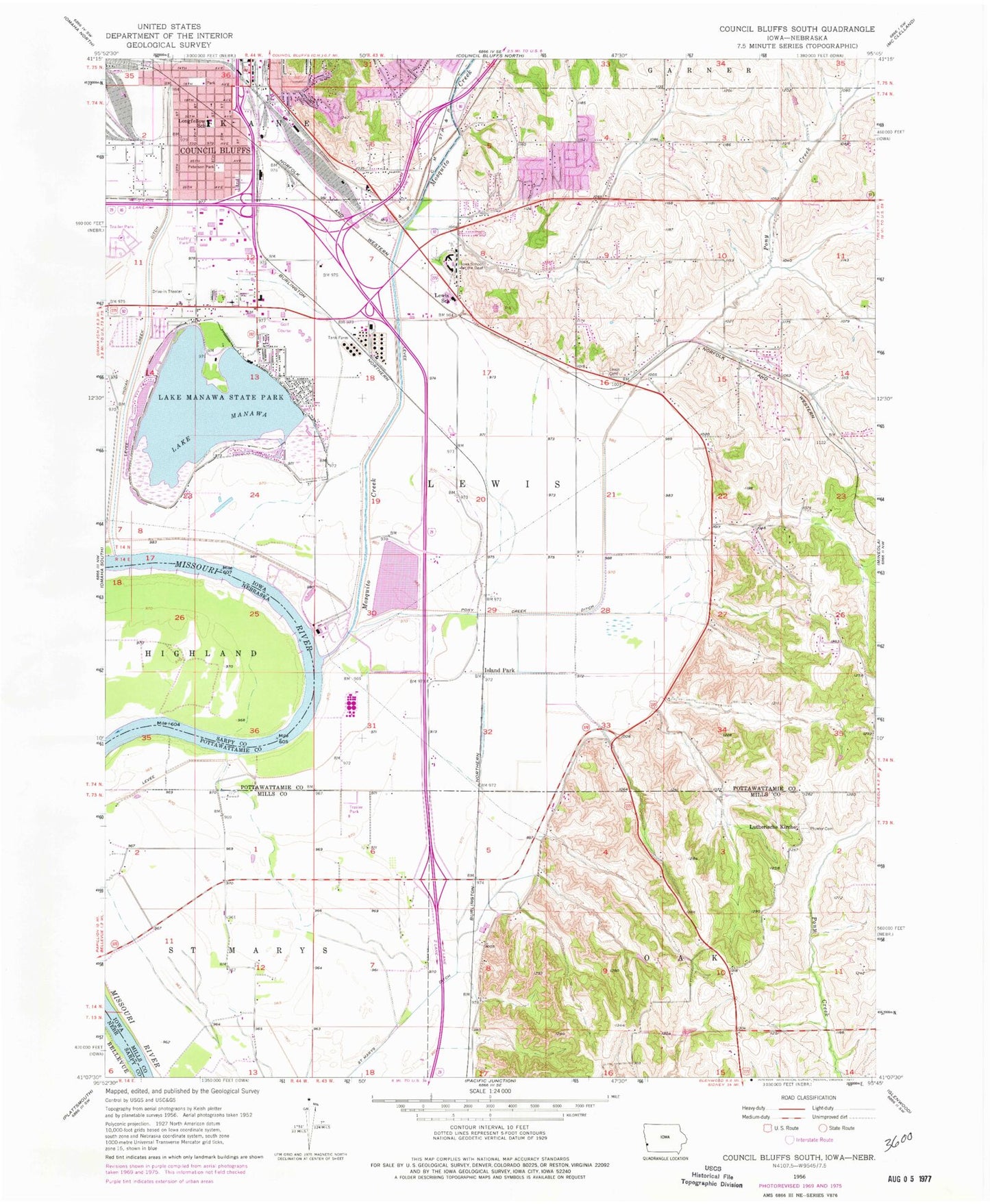 Classic USGS Council Bluffs South Iowa 7.5'x7.5' Topo Map Image