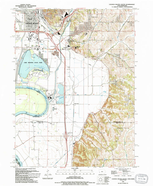 Classic USGS Council Bluffs South Iowa 7.5'x7.5' Topo Map Image