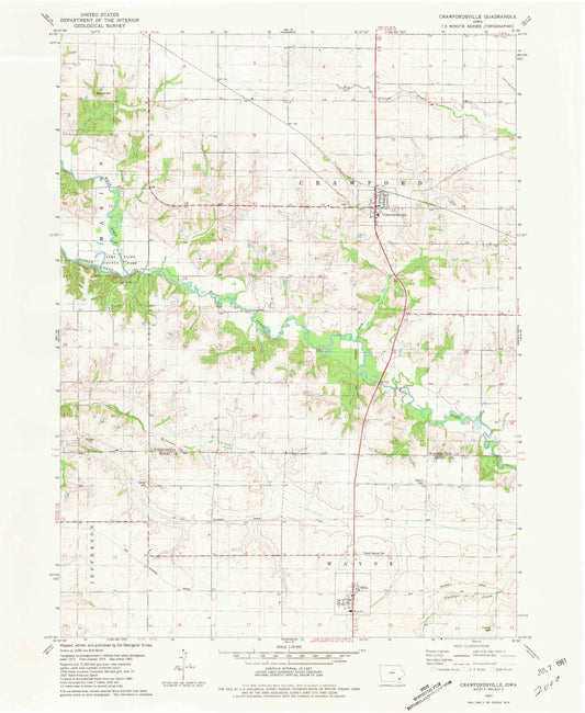 Classic USGS Crawfordsville Iowa 7.5'x7.5' Topo Map Image
