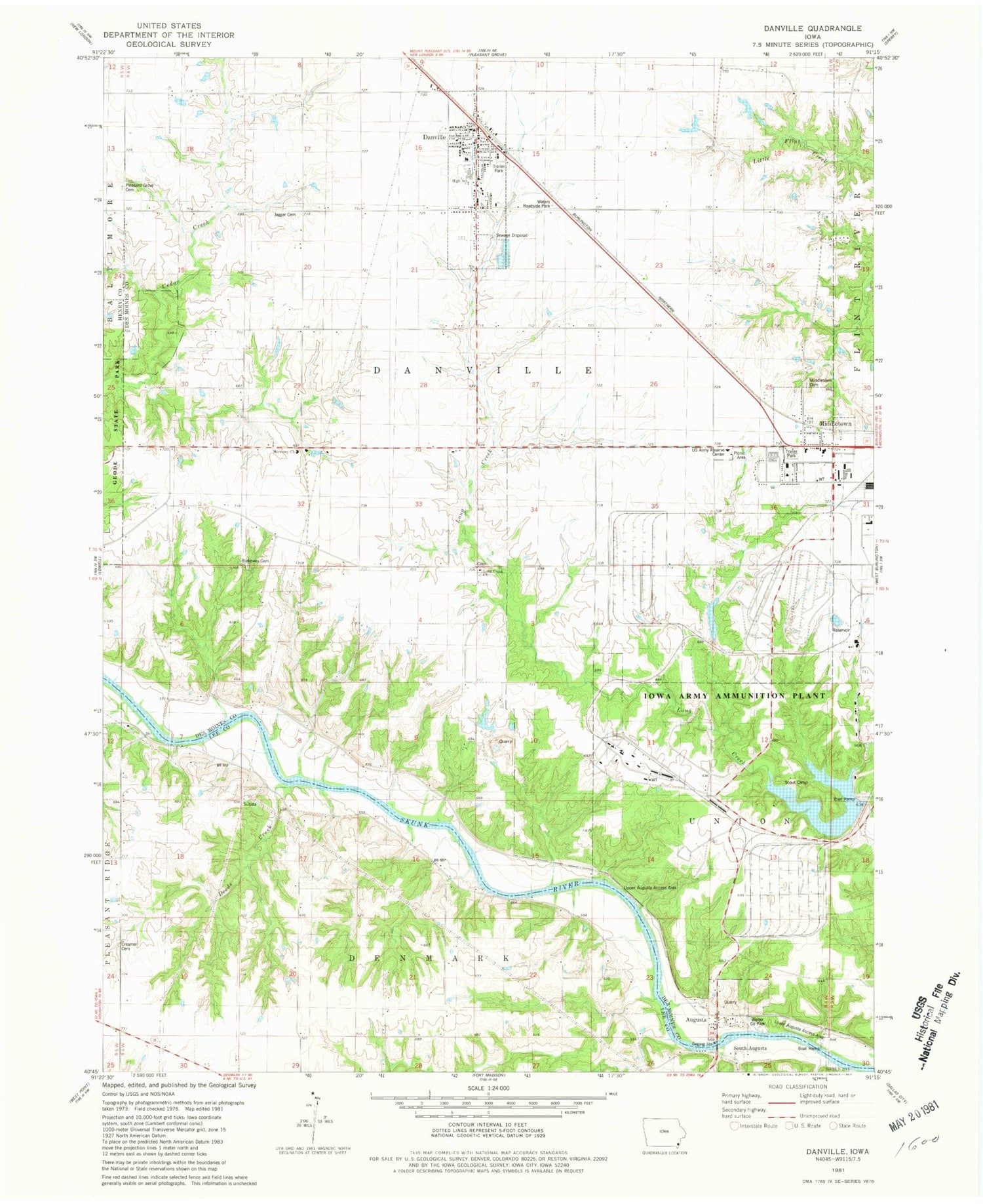 Classic USGS Danville Iowa 7.5'x7.5' Topo Map Image