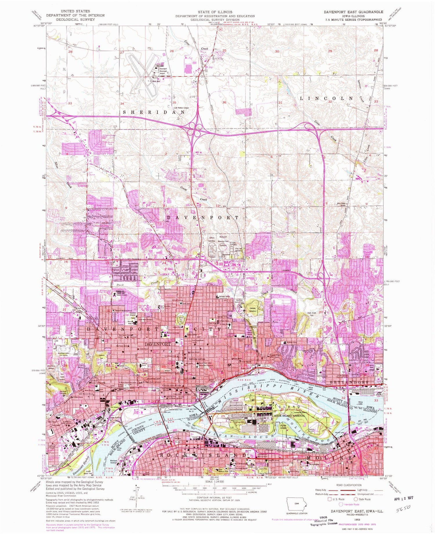 Classic USGS Davenport East Iowa 7.5'x7.5' Topo Map Image