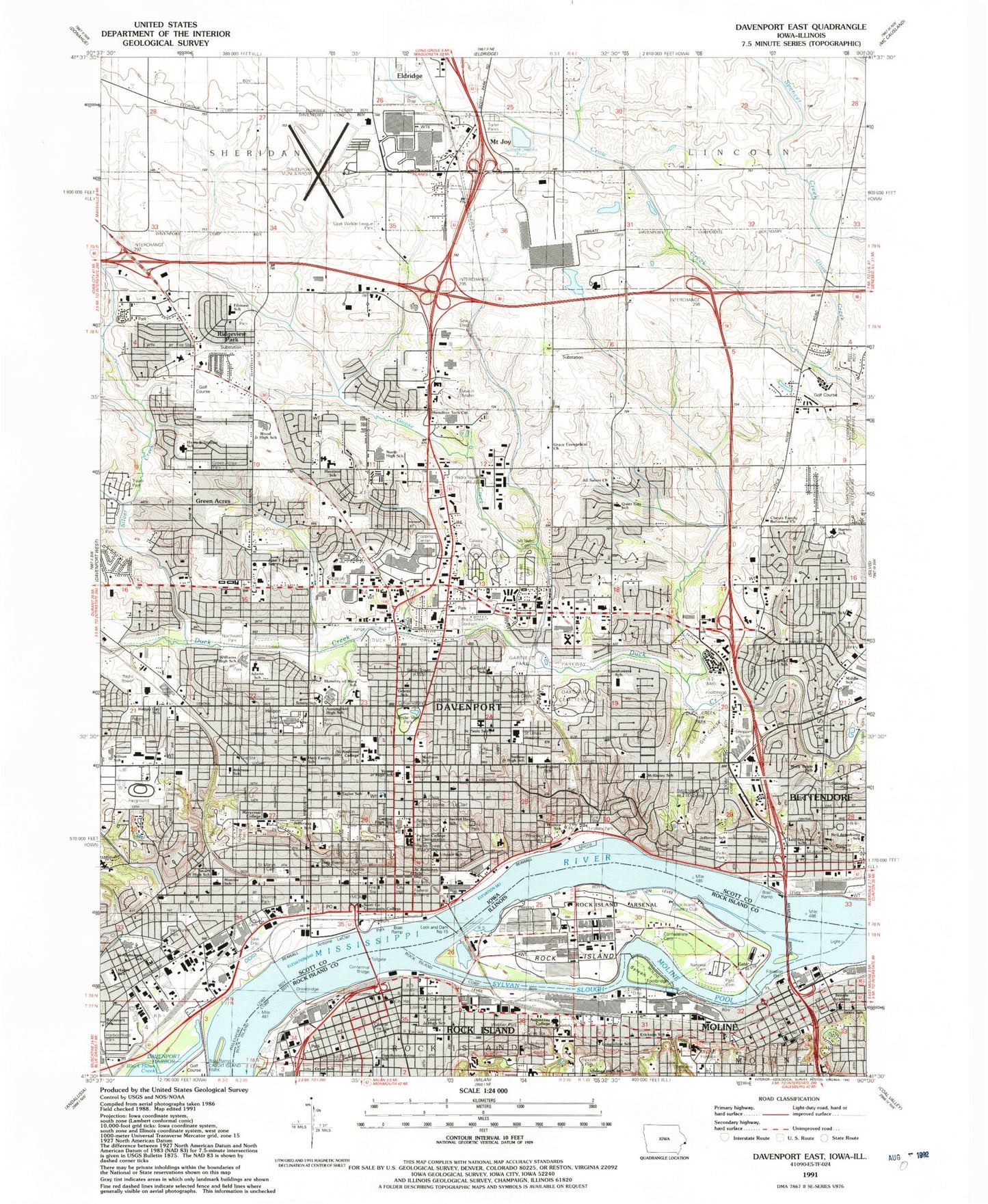 Classic USGS Davenport East Iowa 7.5'x7.5' Topo Map Image