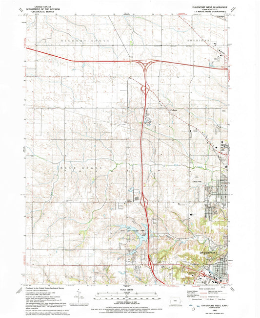 Classic USGS Davenport West Iowa 7.5'x7.5' Topo Map Image