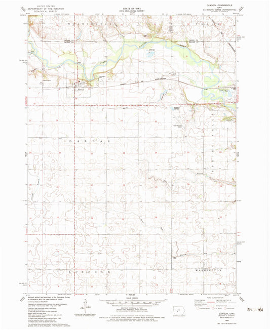 Classic USGS Dawson Iowa 7.5'x7.5' Topo Map Image