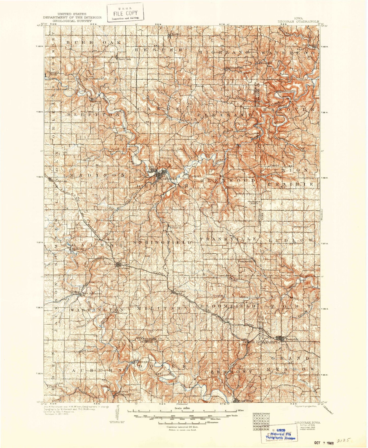 Historic 1906 Decorah Iowa 30'x30' Topo Map Image