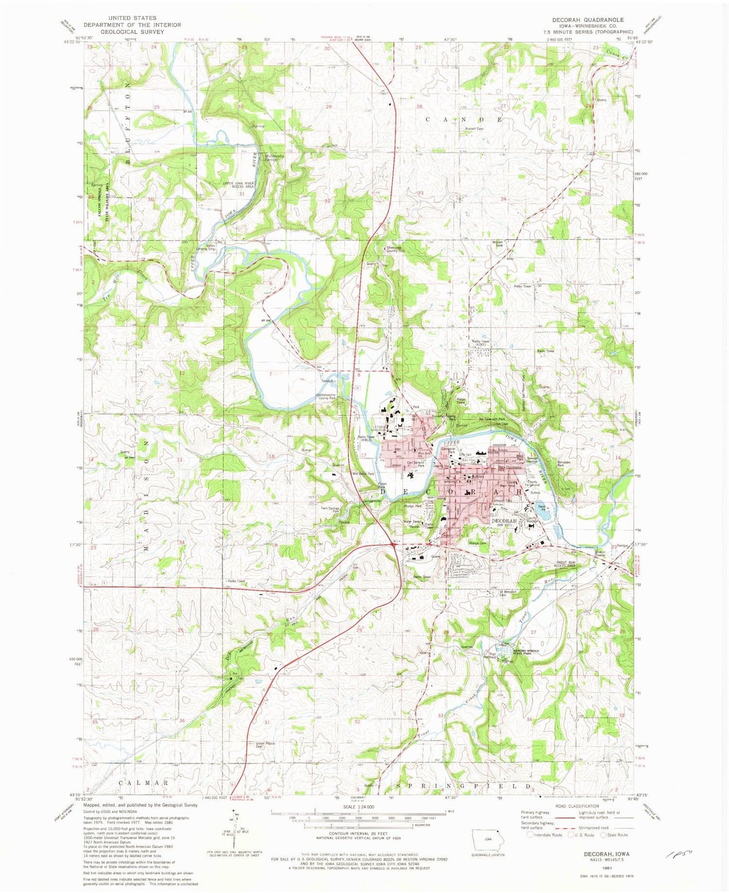 Classic USGS Decorah Iowa 7.5'x7.5' Topo Map Image