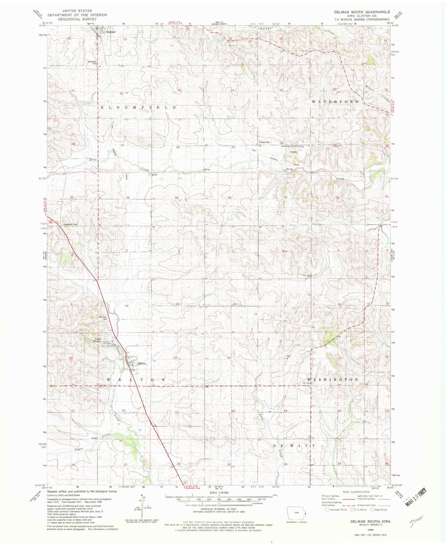 Classic USGS Delmar South Iowa 7.5'x7.5' Topo Map Image