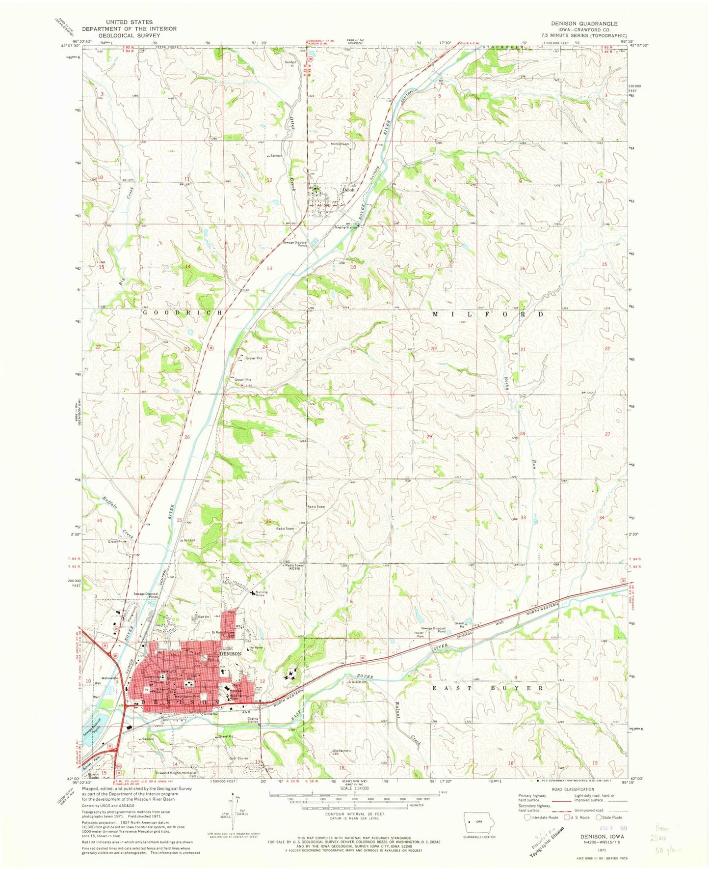 Classic USGS Denison Iowa 7.5'x7.5' Topo Map Image