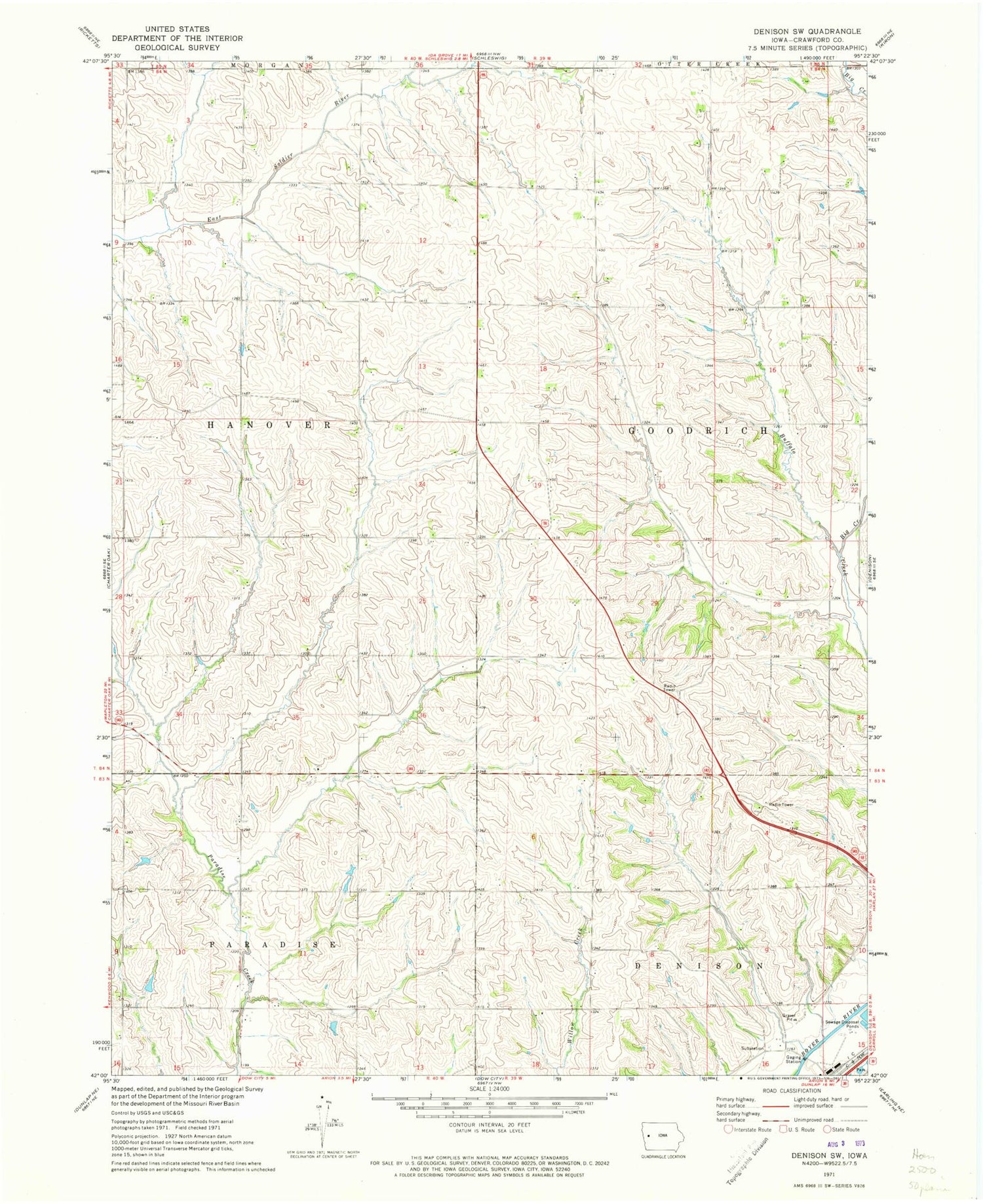 Classic USGS Denison SW Iowa 7.5'x7.5' Topo Map Image
