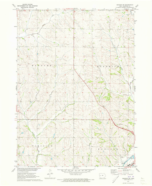 Classic USGS Denison SW Iowa 7.5'x7.5' Topo Map Image