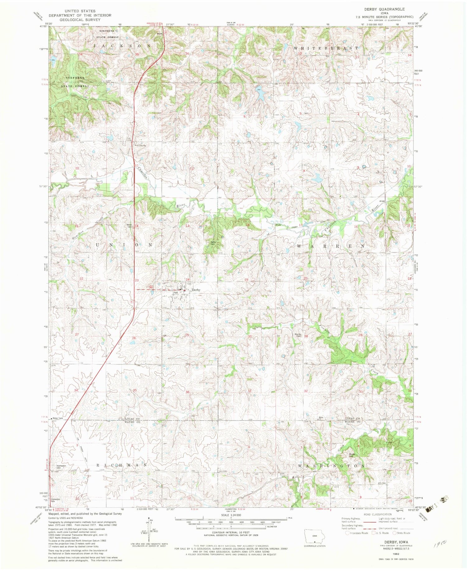 Classic USGS Derby Iowa 7.5'x7.5' Topo Map Image