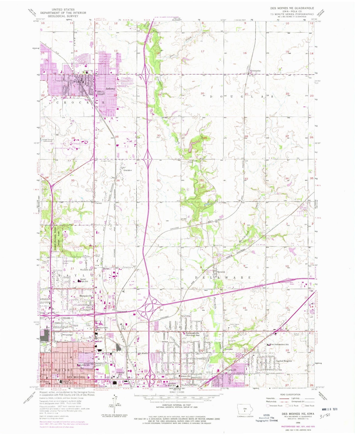 Classic USGS Des Moines NE Iowa 7.5'x7.5' Topo Map Image