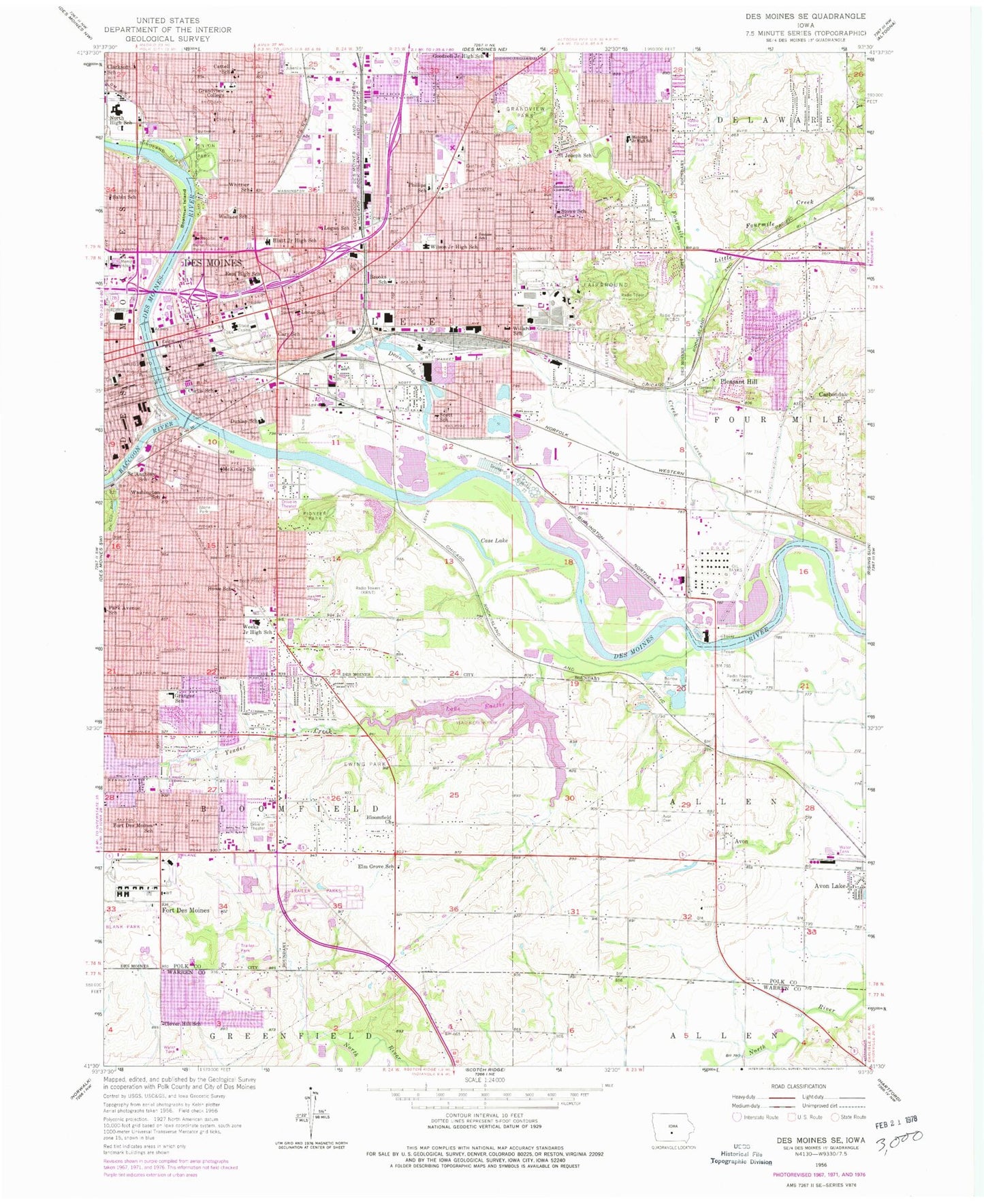 Classic USGS Des Moines SE Iowa 7.5'x7.5' Topo Map Image