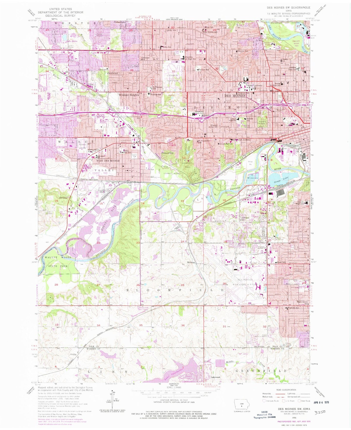 Classic USGS Des Moines SW Iowa 7.5'x7.5' Topo Map Image