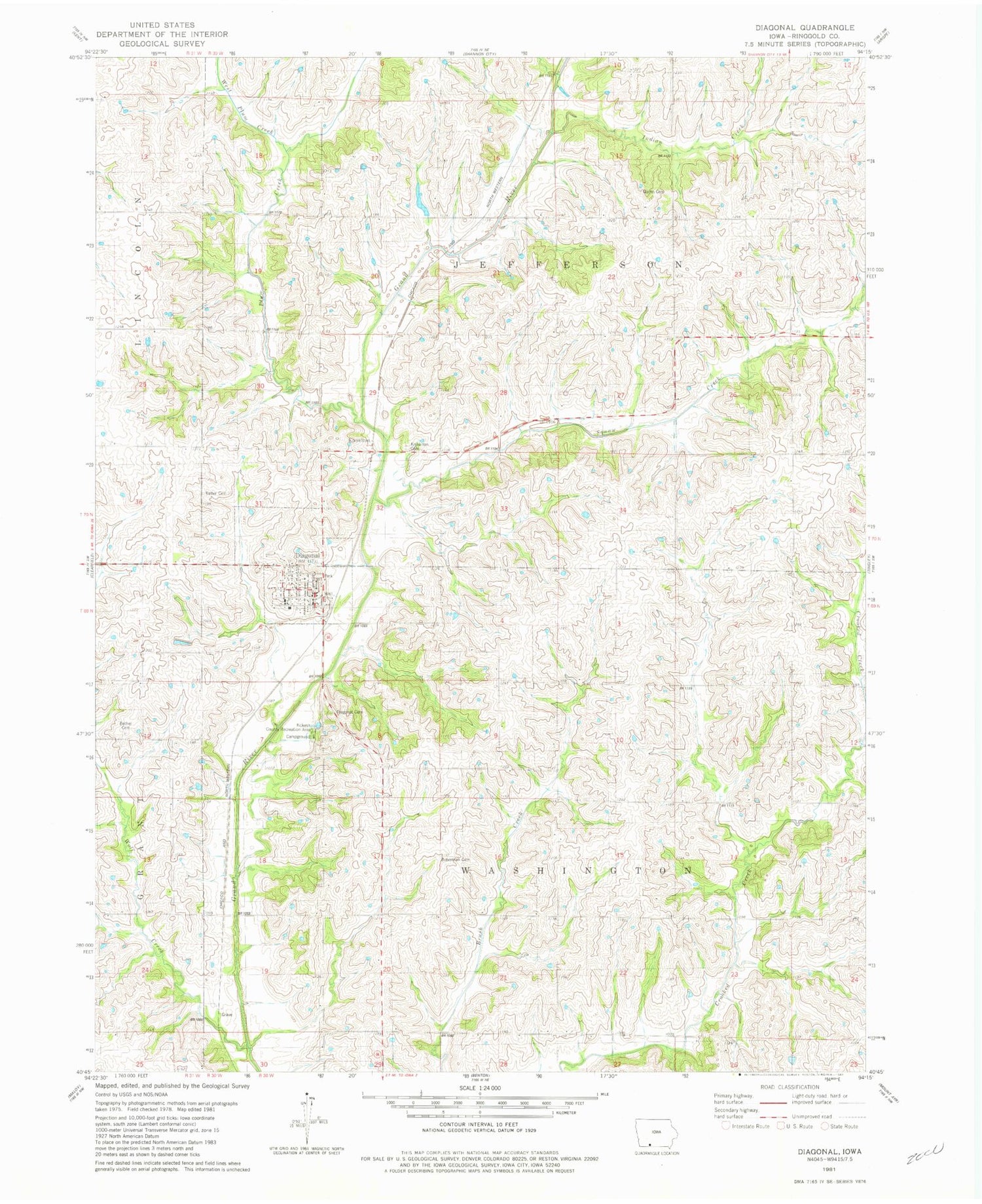 Classic USGS Diagonal Iowa 7.5'x7.5' Topo Map Image