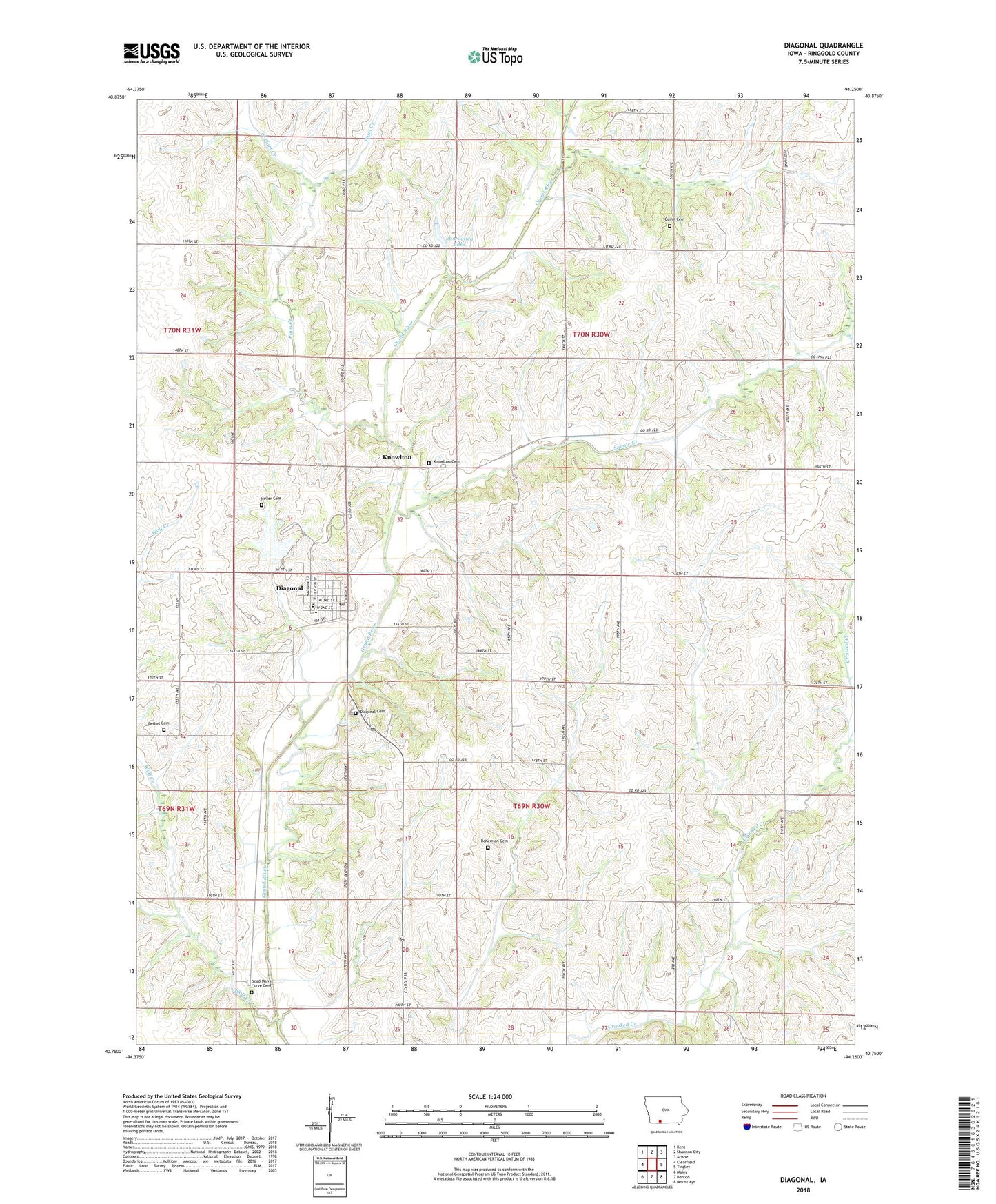 Diagonal Iowa US Topo Map Image