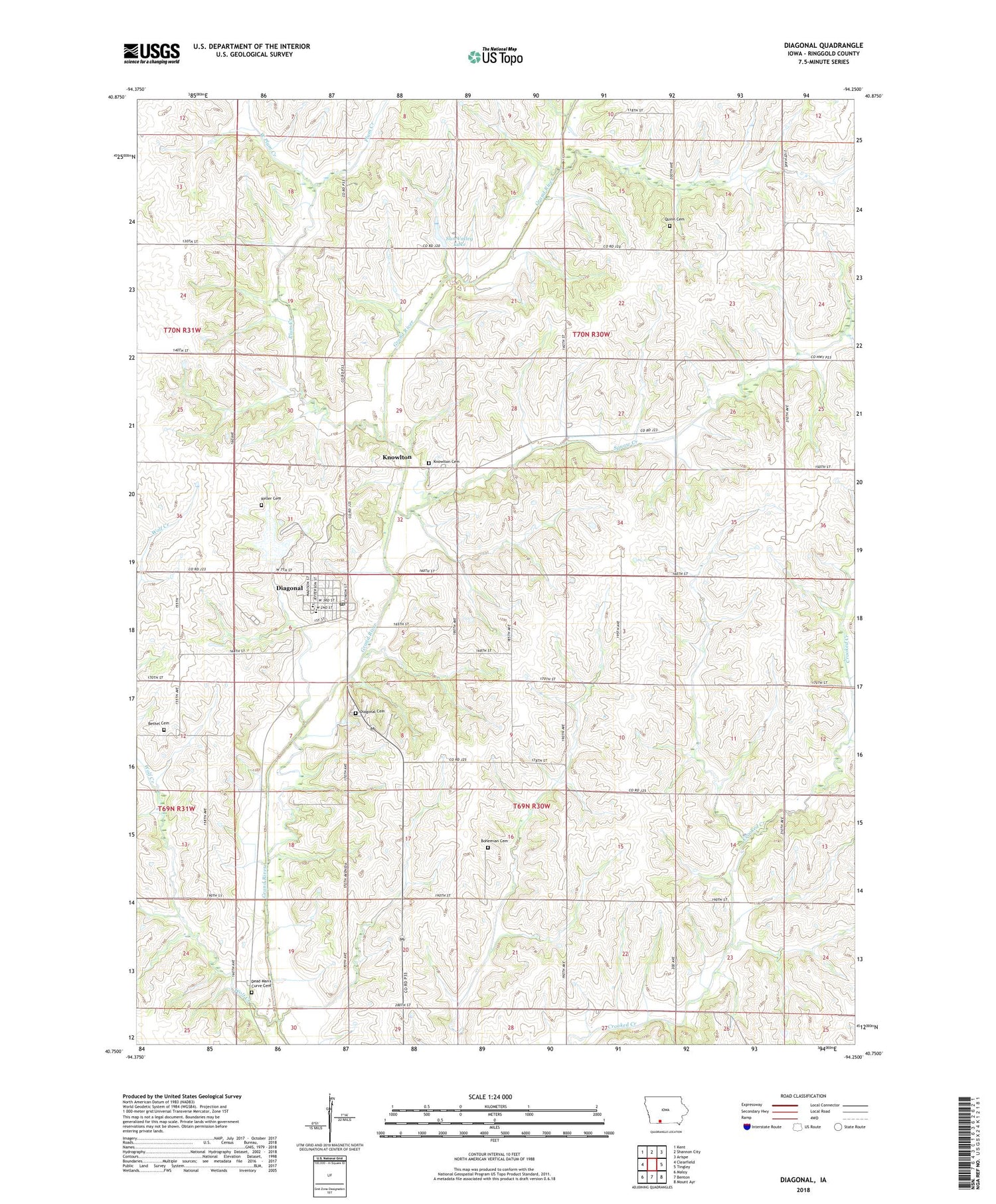 Diagonal Iowa US Topo Map Image
