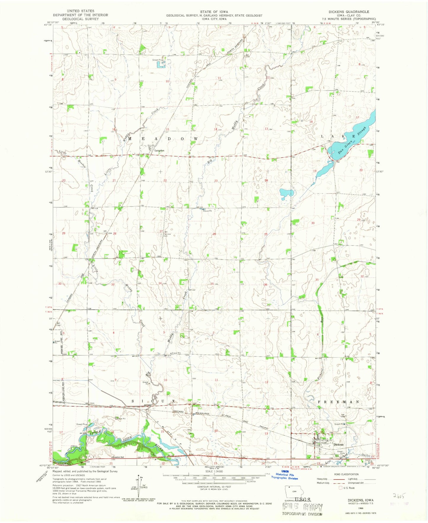 Classic USGS Dickens Iowa 7.5'x7.5' Topo Map Image
