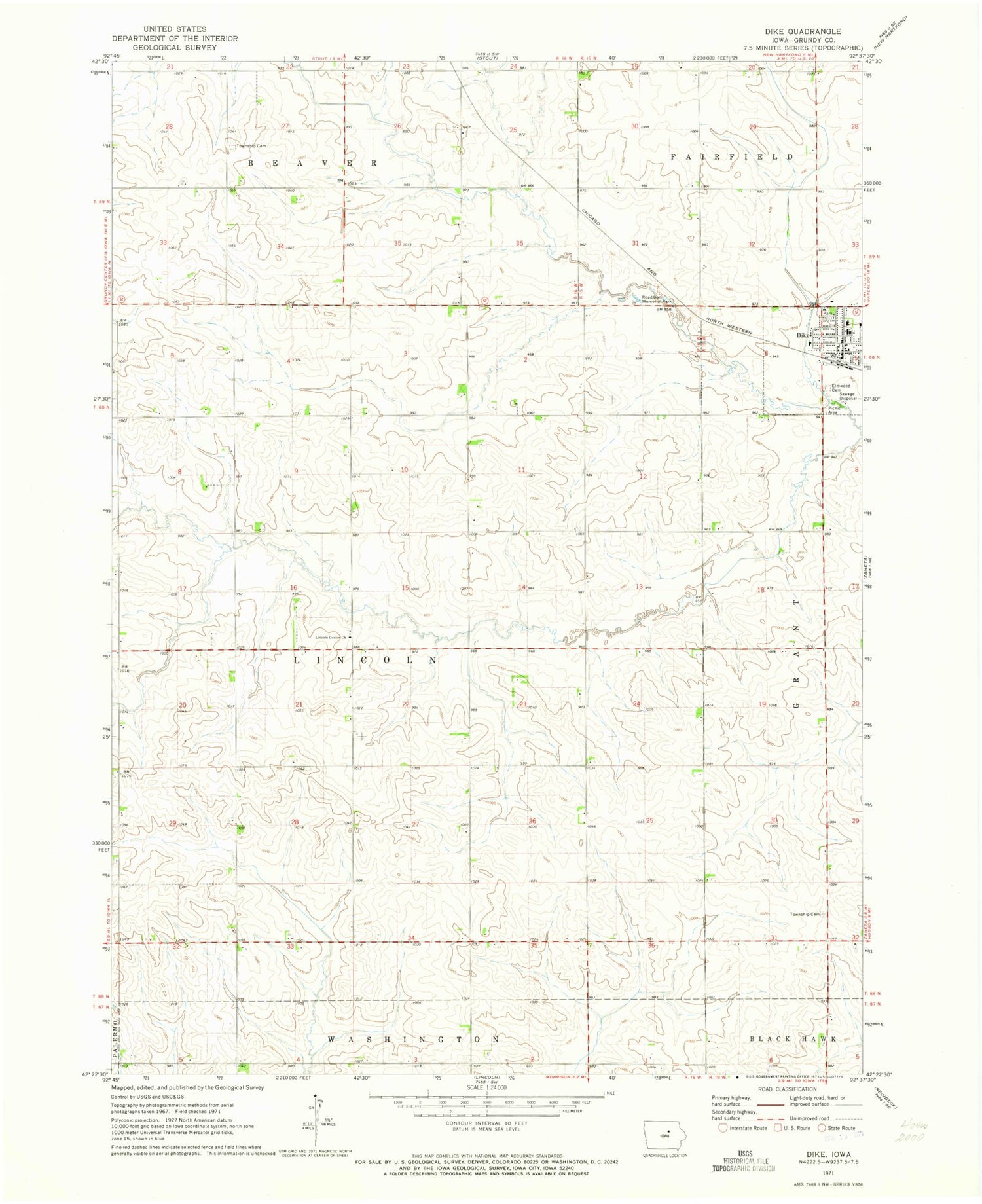Classic USGS Dike Iowa 7.5'x7.5' Topo Map Image