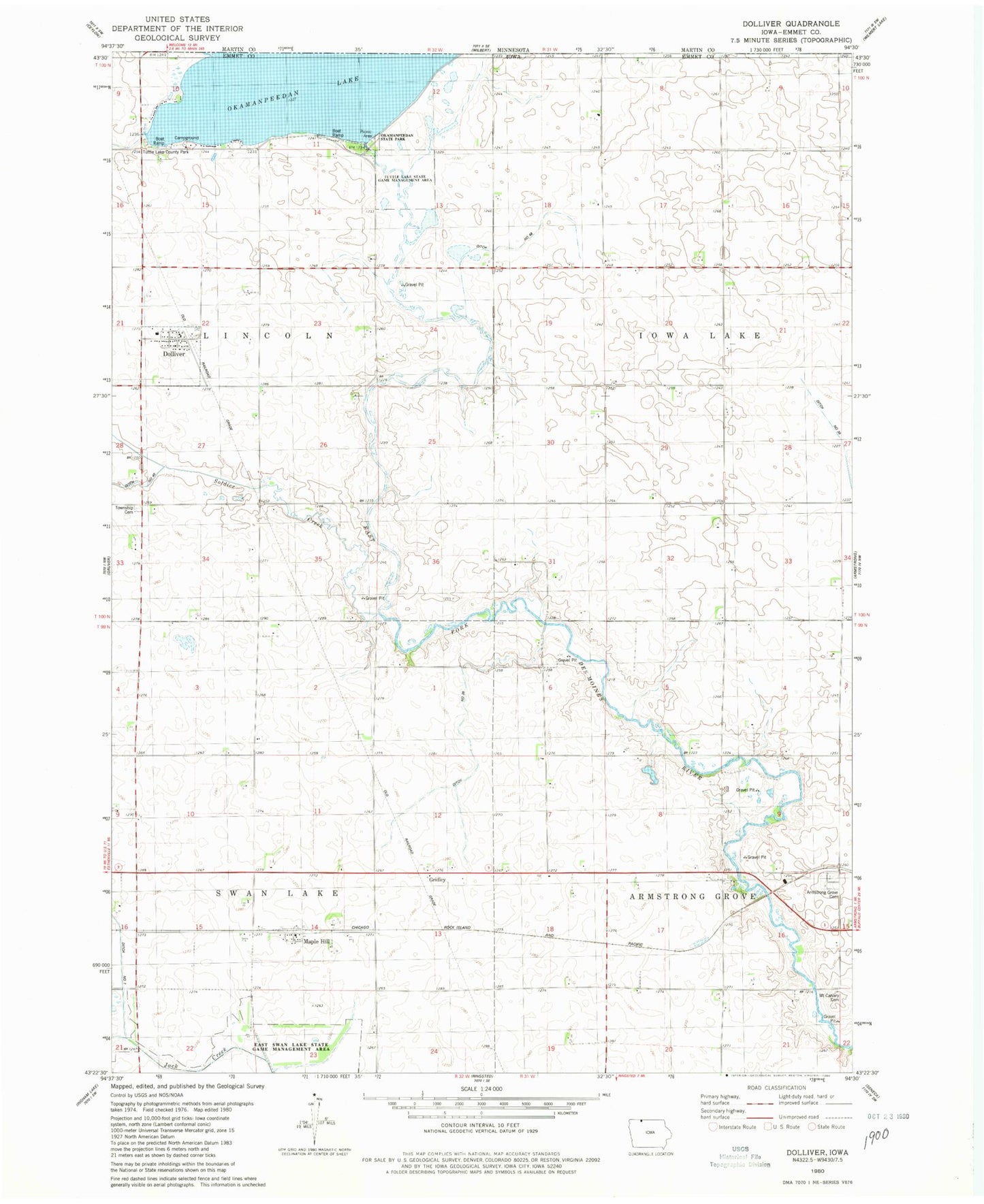 Classic USGS Dolliver Iowa 7.5'x7.5' Topo Map Image