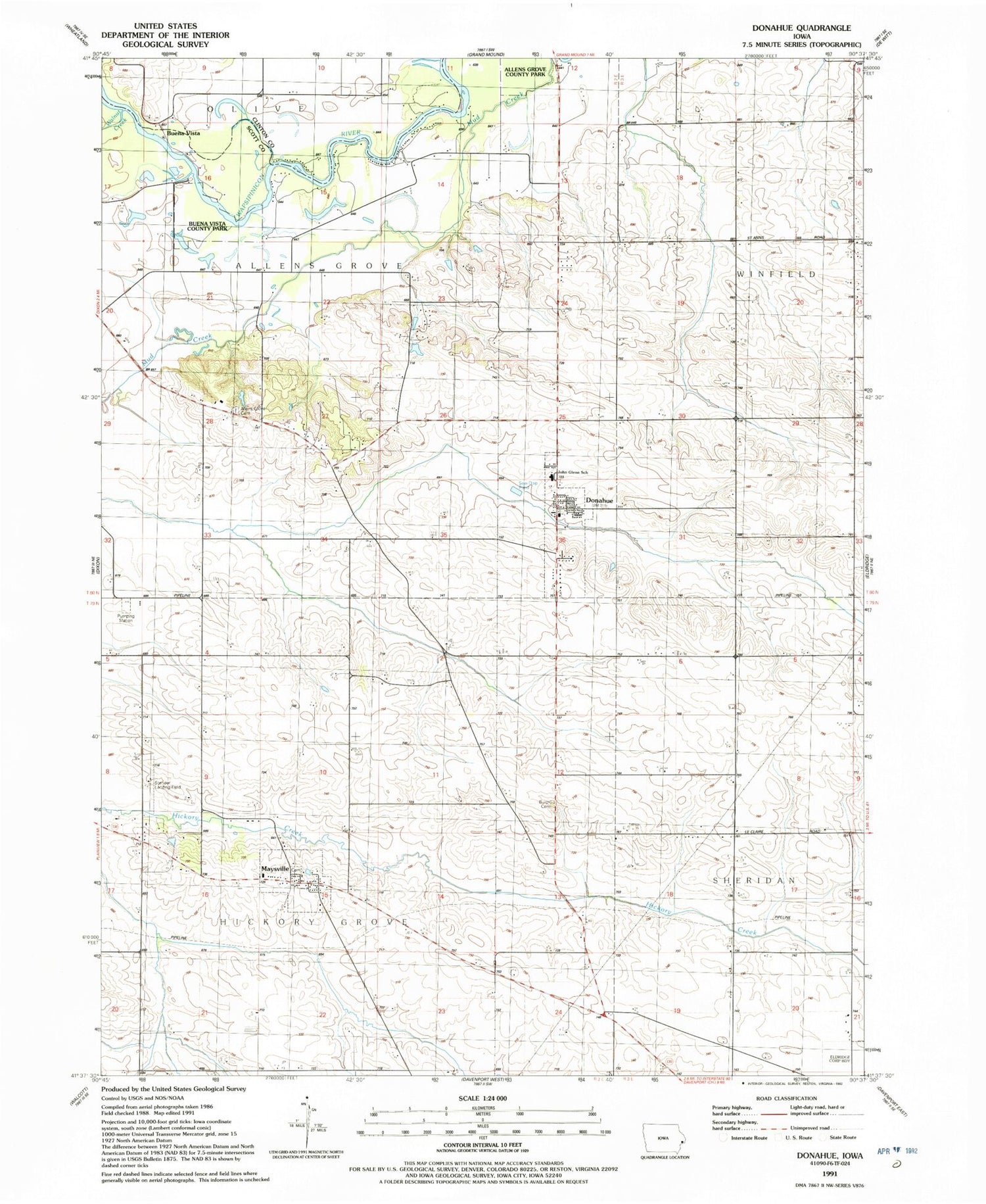 Classic USGS Donahue Iowa 7.5'x7.5' Topo Map Image