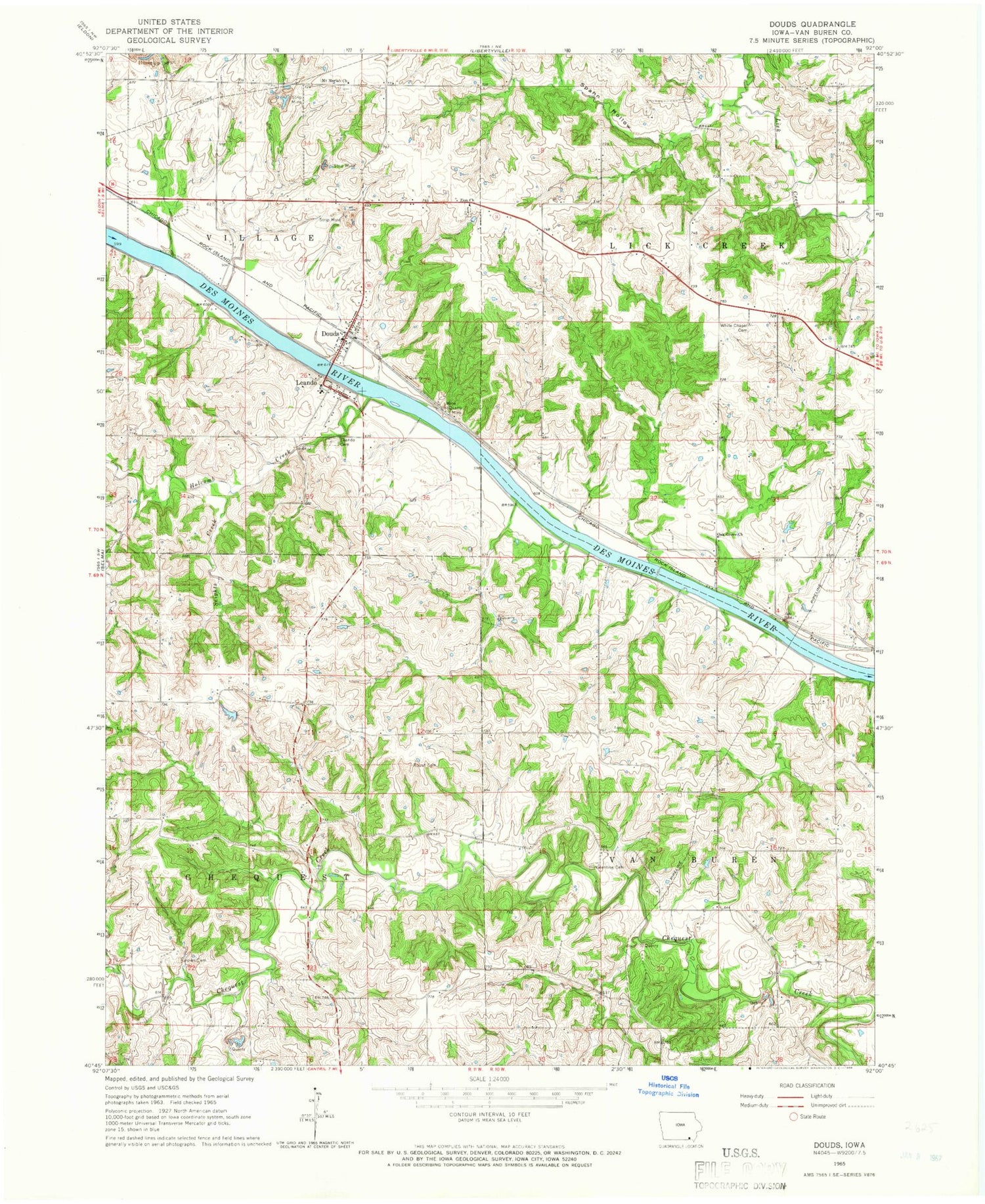 Classic USGS Douds Iowa 7.5'x7.5' Topo Map Image