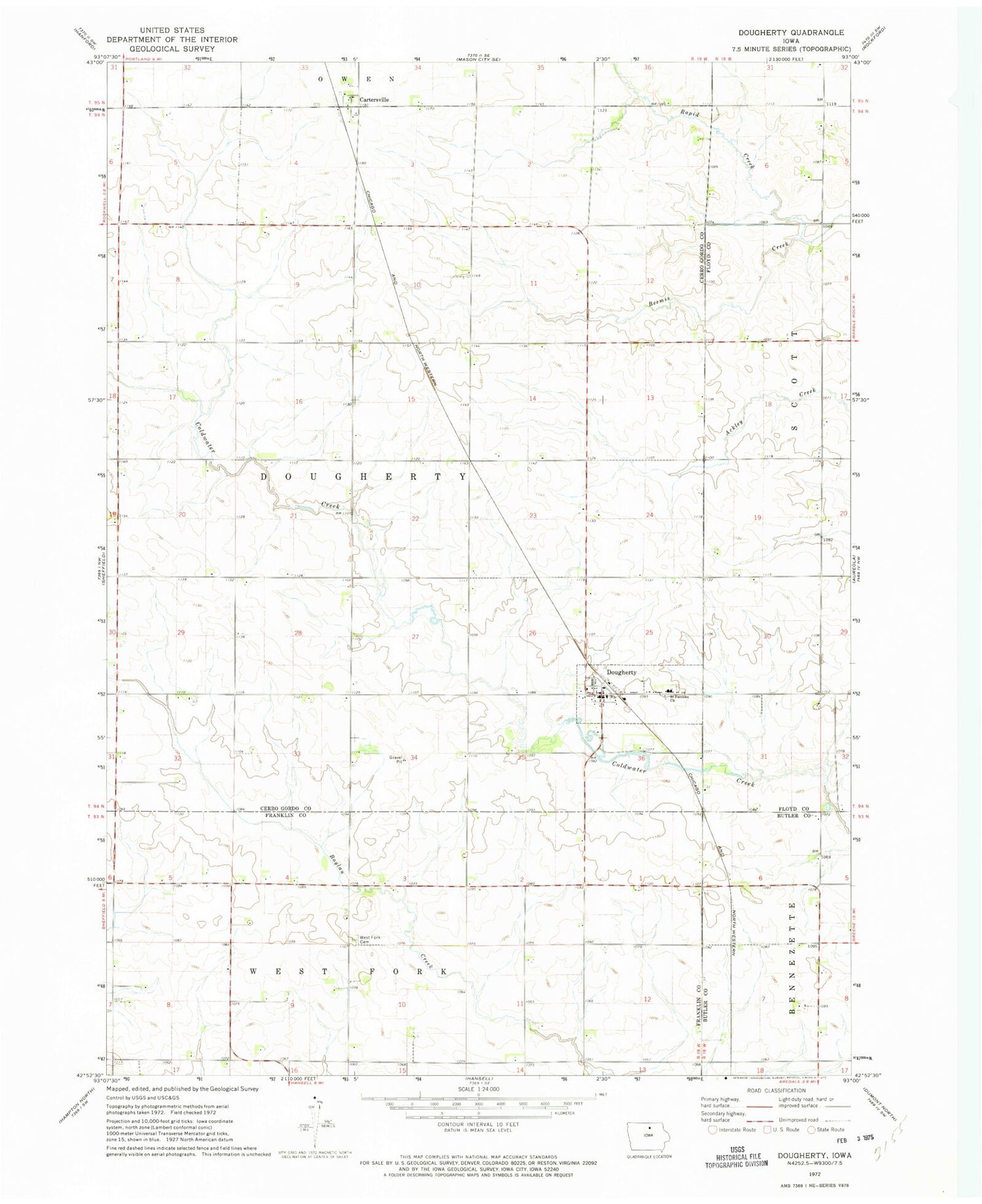 Classic USGS Dougherty Iowa 7.5'x7.5' Topo Map Image