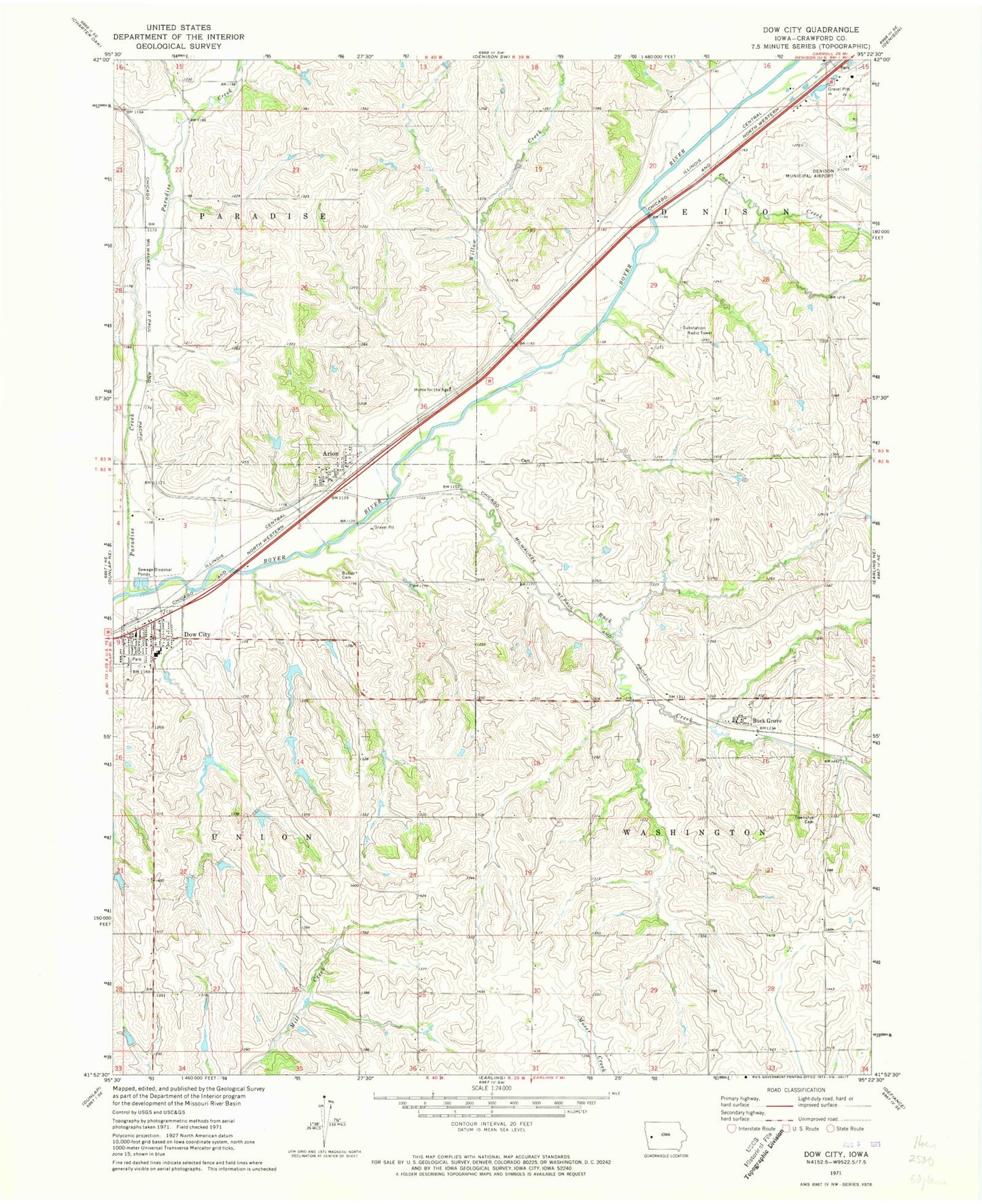 Classic USGS Dow City Iowa 7.5'x7.5' Topo Map Image