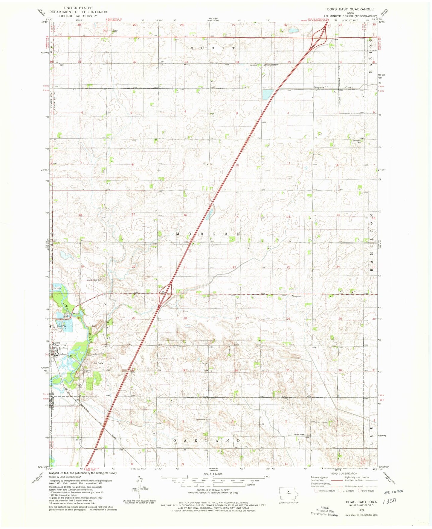 Classic USGS Dows East Iowa 7.5'x7.5' Topo Map Image