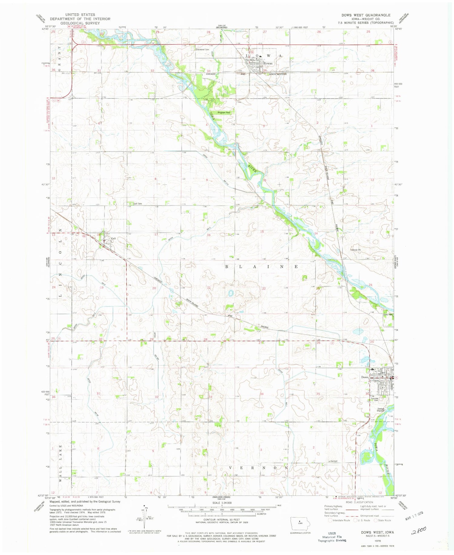 Classic USGS Dows West Iowa 7.5'x7.5' Topo Map Image