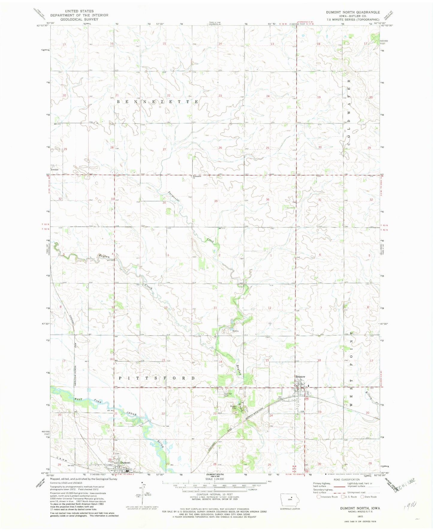 Classic USGS Dumont North Iowa 7.5'x7.5' Topo Map Image
